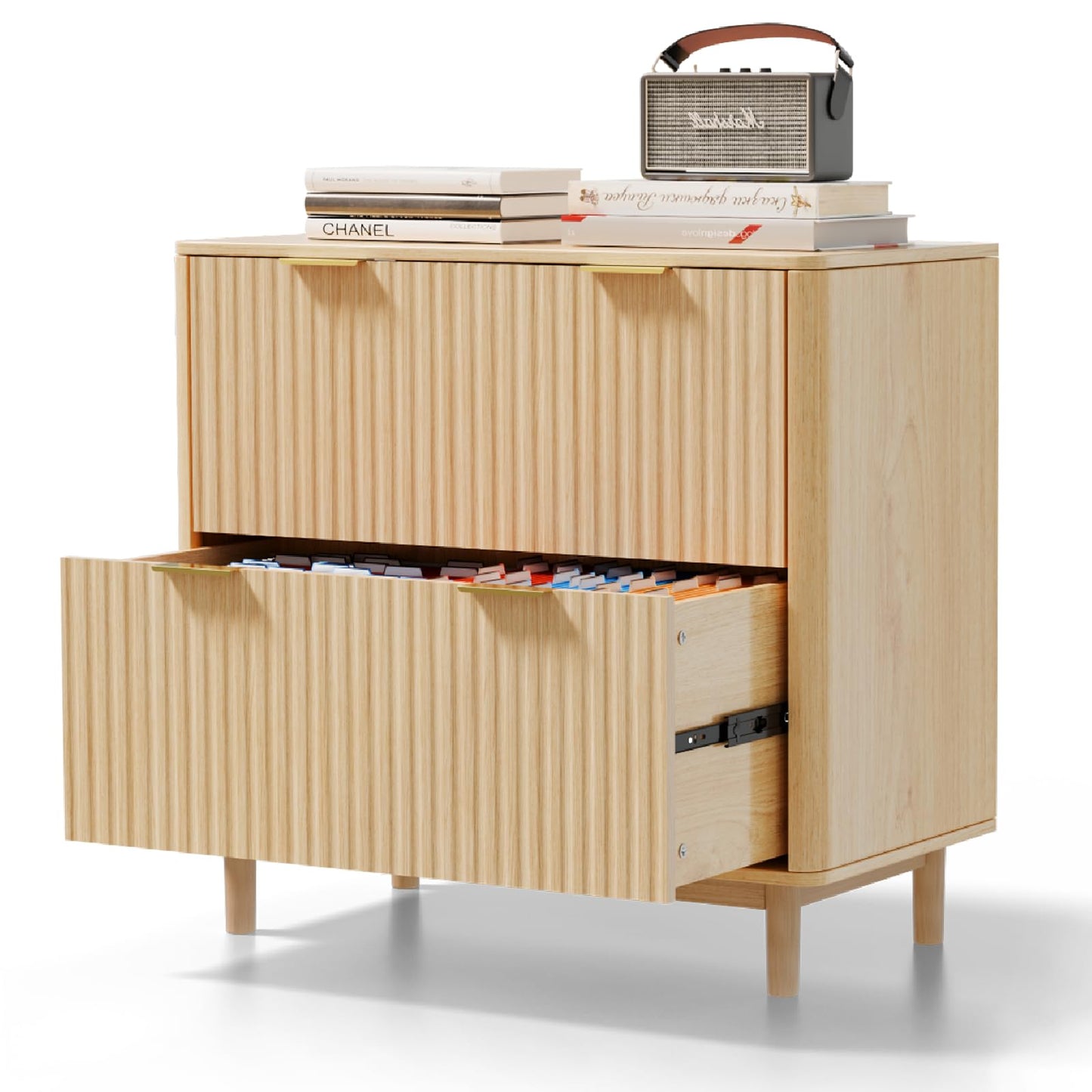 VINGLI 2 Drawer File Cabinet, Home Office Filing Organizer, for Letter Legal A4 Size File Folder Storage, Modern Style Fluted Design, Wood Lateral Filing Cabinet, Printer Stand, Archivador (Oak)