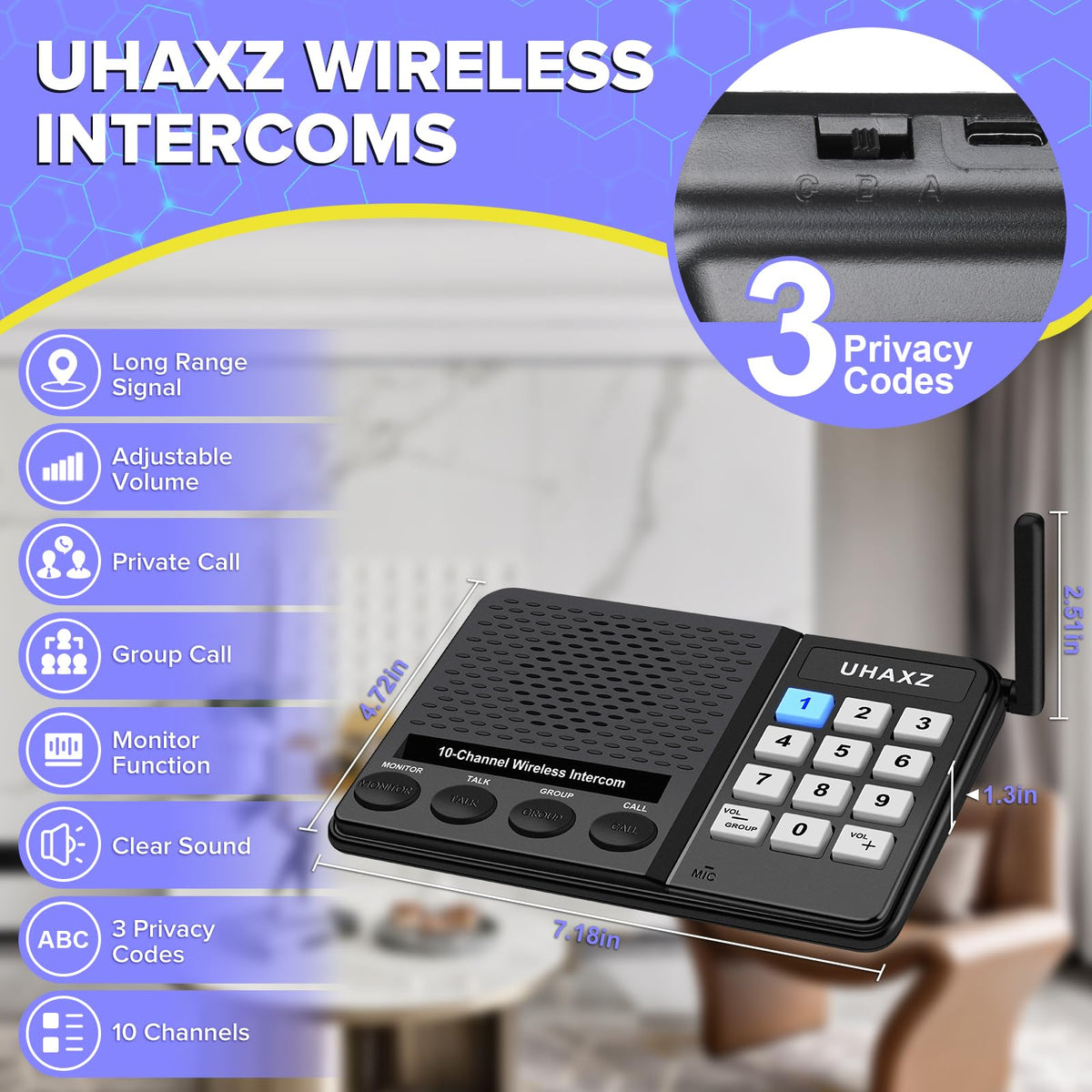 UHAXZ Intercoms Wireless for Home, Long Range Intercom 6000ft, Home Intercom System Wireless with Group Call, 10 Channel, 8 Volume Levels Intercom System for Busines Office Elderly(4 Packs)