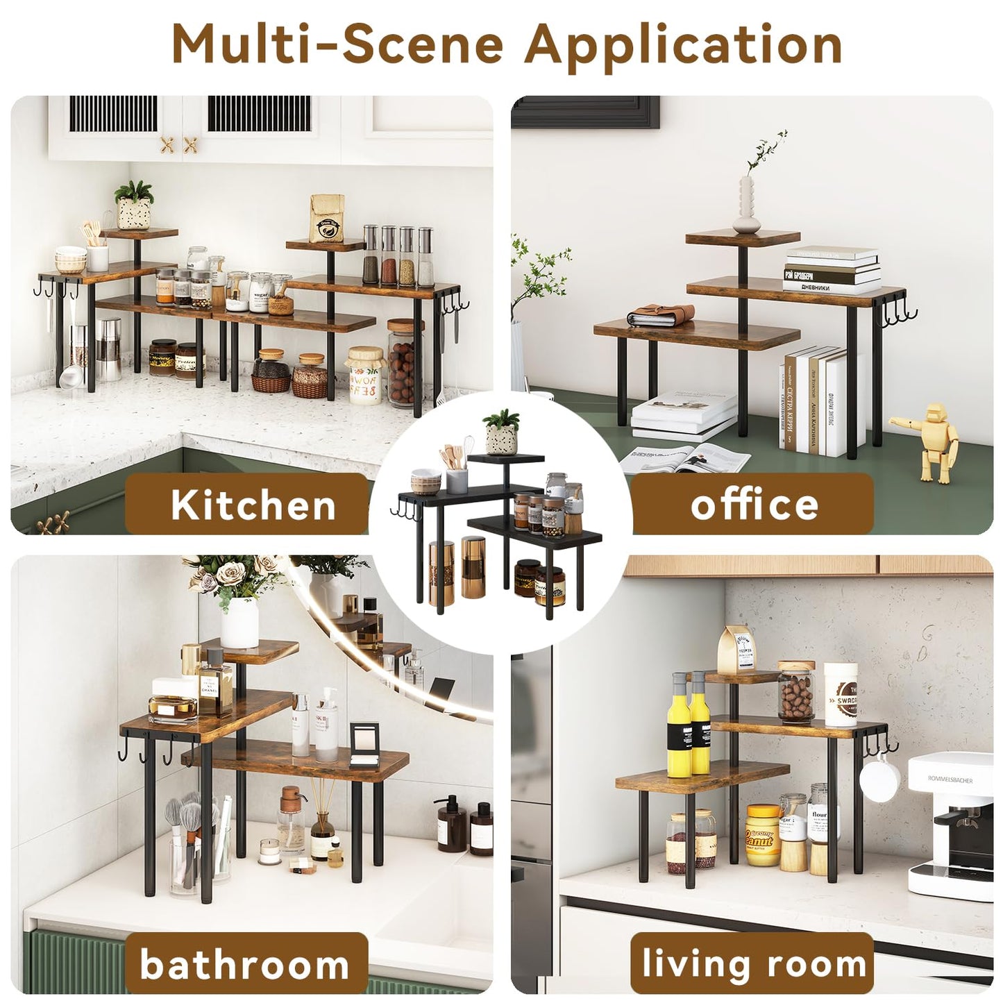 IBUYKE Kitchen Countertop Organizer,3-Tier Wooden Spice Racks,Bathroom Counter Organizer，Rotating Adjustable,4 Side Hooks,Corner Shelf for Kitchen,Coffee Bar, Cabinet, Desk,Rustic Brown,TLJ023H