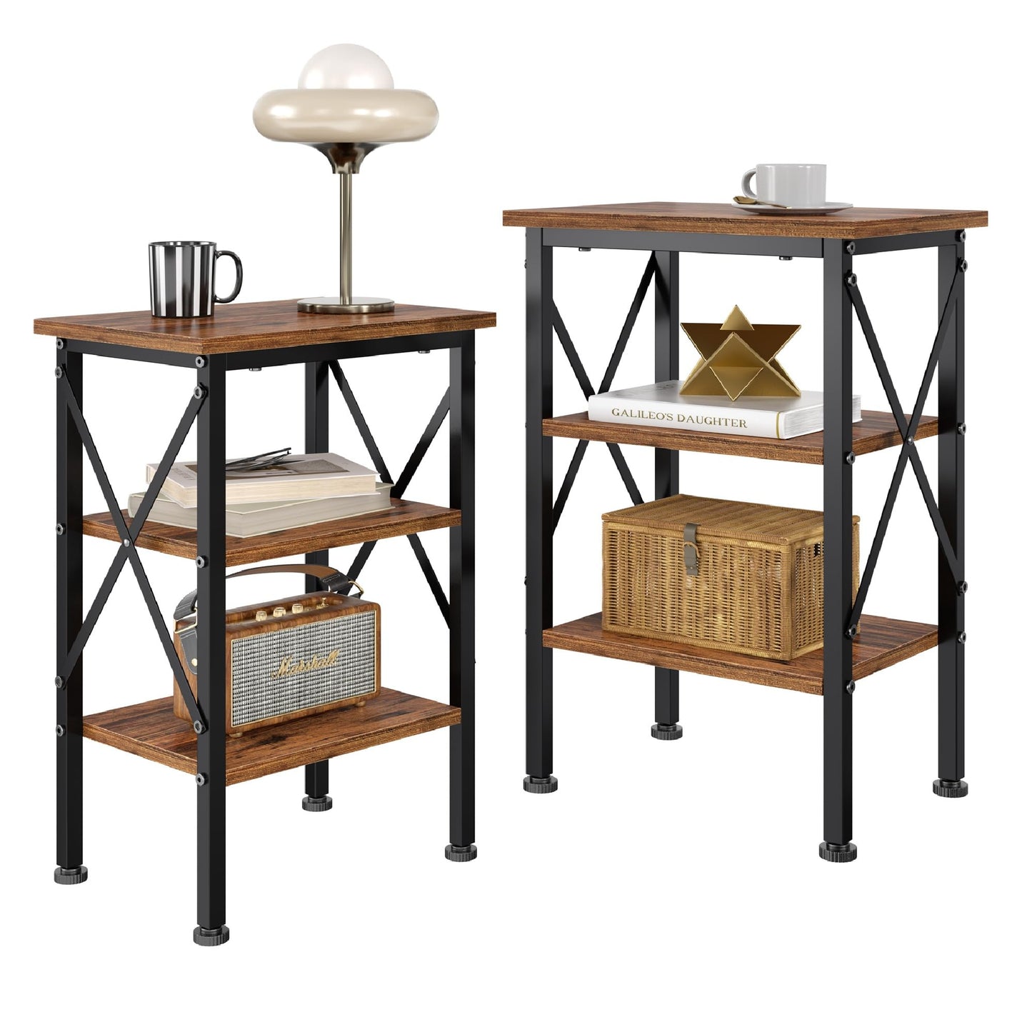 VECELO End Table Set of 2, Bedside Table, 24" Tall Living Room End Tables, X-Design Reinforced Nightstands, Side Table with 3-Tier Storage Shelves for Small Spaces, Office, Bedroom, Rustic Brown