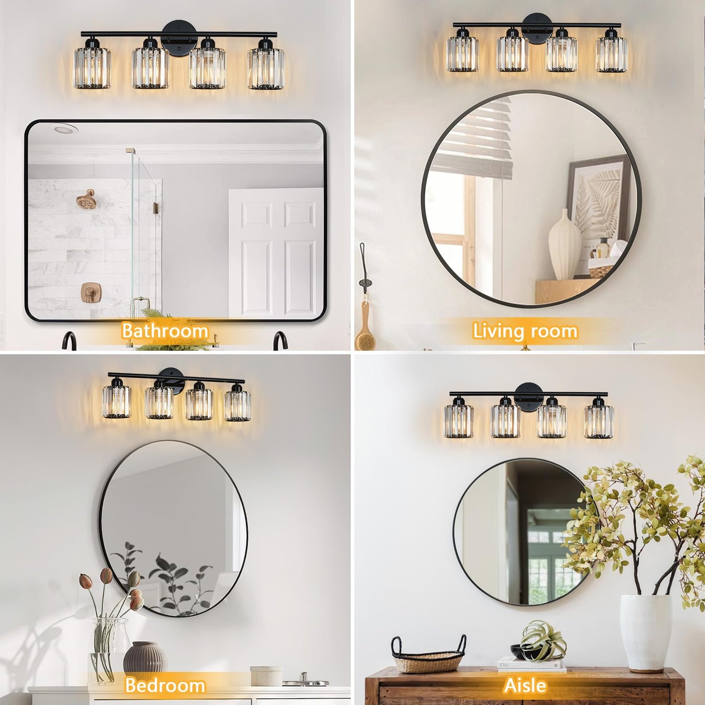 FDPBY Modern 4 Light Crystal Vanity Light, Plating Black Vertical Bathroom Light Fixture Over Mirror for Dressing Table Sink, Compatible with Dimmable Bulbs (Bulbs Not Included)