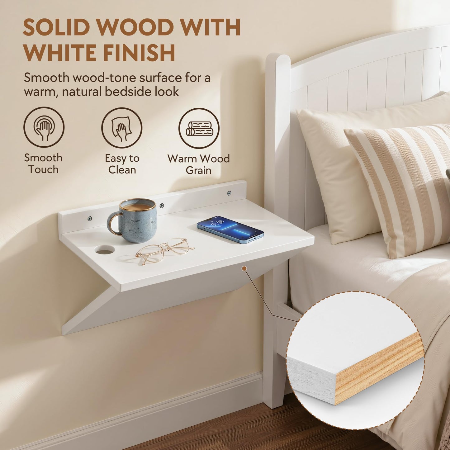 Petrala Floating Nightstand Set of 2, White Wall Mounted Bedside Table Modern Minimalist Nightstands Shelf Narrow Wood Floater Night Stand Small Side Table Pine End Table for Small Spaces Bedroom