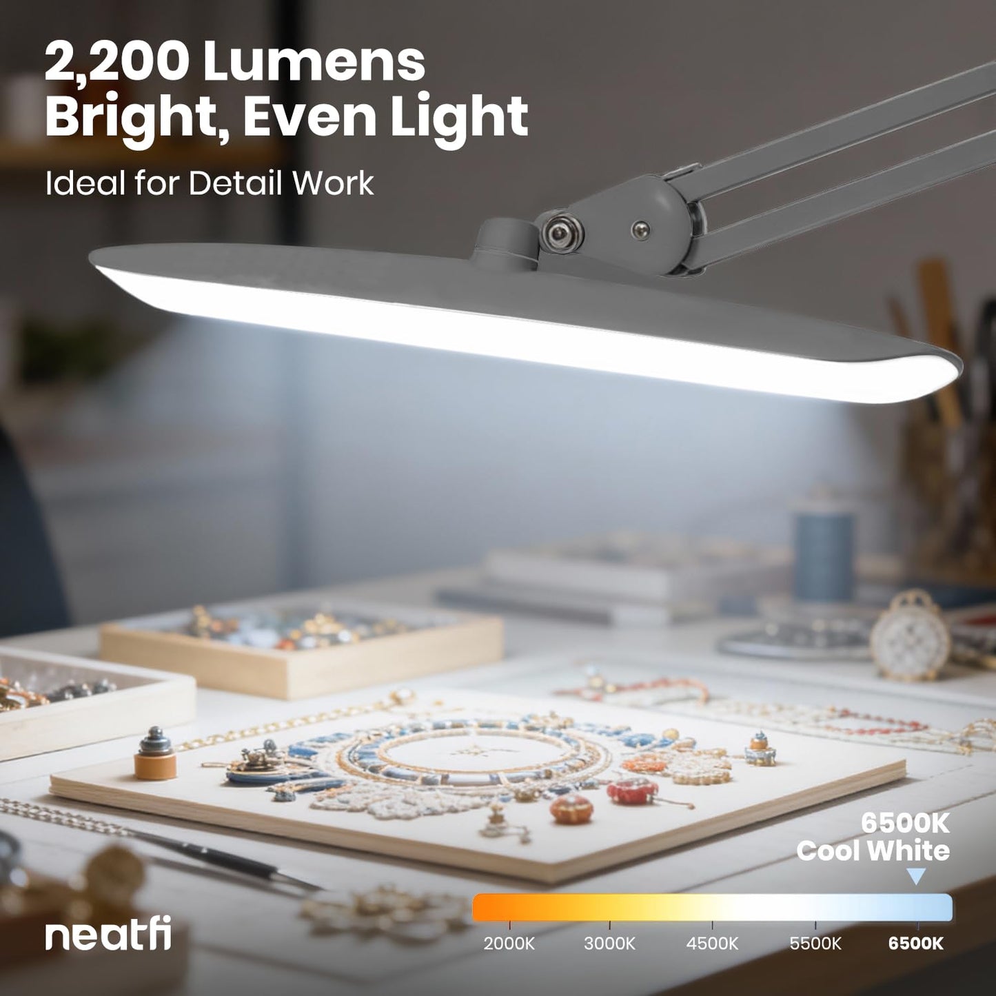 Neatfi XL 2200 Lumens 24W LED Desk Lamp – Shadow-Free Task Lighting | 4-Level Dimming | Home Office & Crafts Use | 20-Inch Wide Head (Silver, Non-CCT with Clamp)