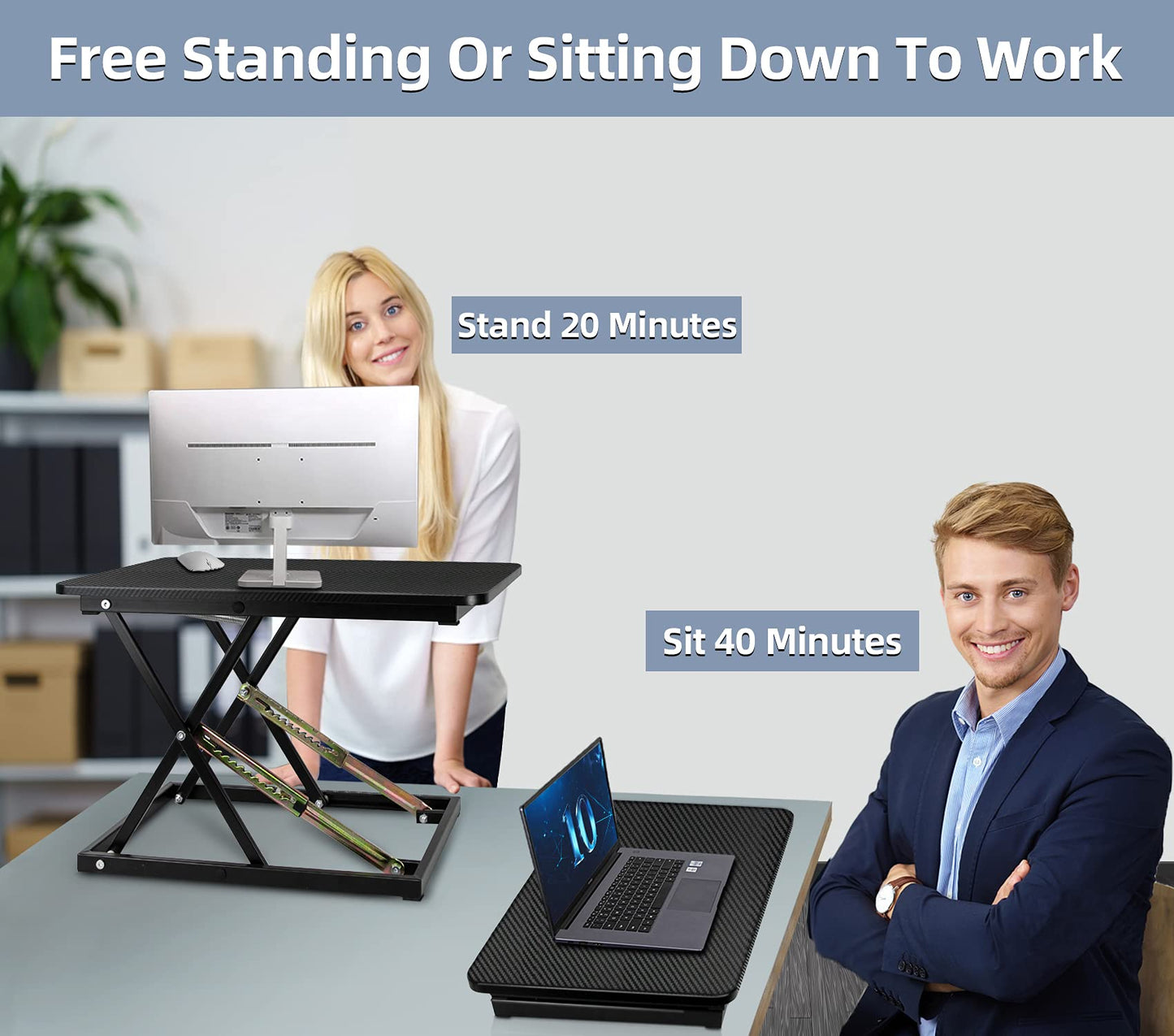 STANDNEE Standing Desk Converter, Height Adjustable Sit Stand Desk Converter, Fully Assembled Monitor Desk Riser for Standing or Sitting, Black, Pattern