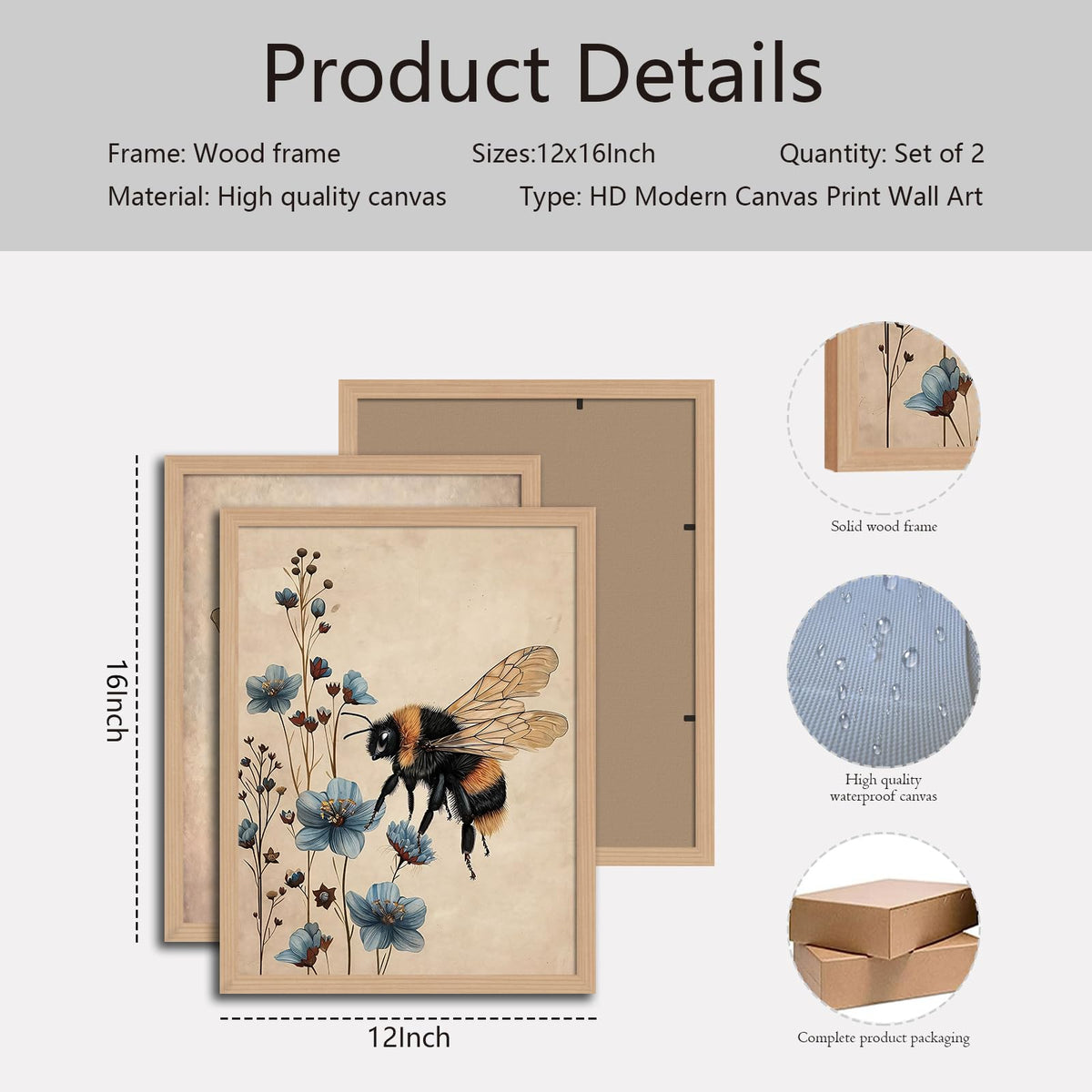 CVXHKH 2Pcs Bee Happy Framed Bumblebee and Flower Canvas Wall Art, Bee Lover Gift Rustic Nature Artwork Inspirational Botanical Picture, Cute Insect Artwork for Living Room, Bedroom, Office 12x16in