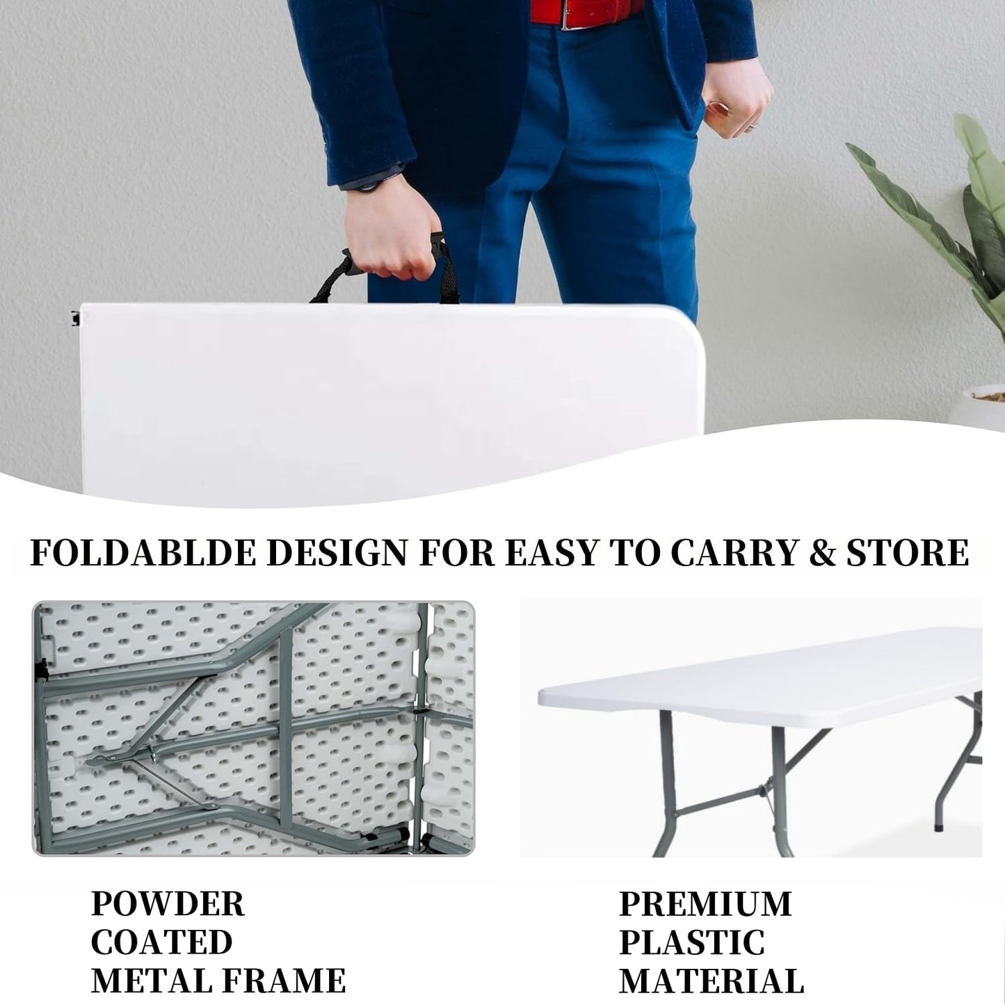 Vampire Killer Folding Table 6ft Foldable Table with Built in Handle & Steel Legs / 6FT Heavy Duty Folding Portable,Perfect for Party, Dining Indoor/Outdoor Events, Tailgating & Backyard BBQ, White