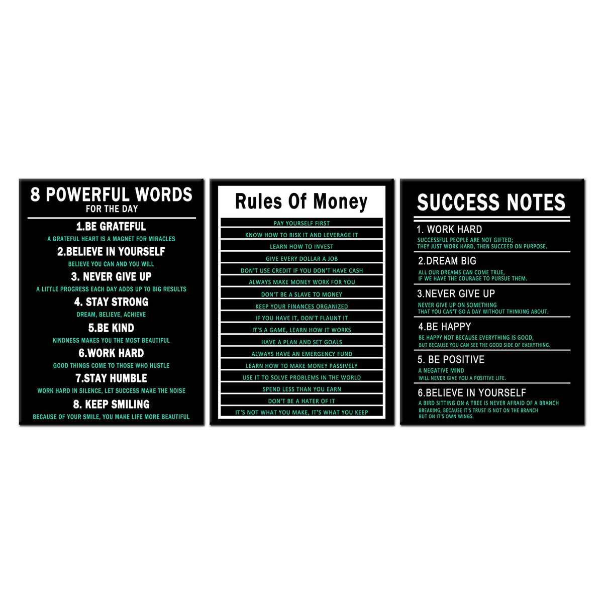 PSYYSP 3 Piece Canvas Wall Art Life Upgrade Money Rules Success Notes Posters, Black Teal Motivational Triptych Wall Decor for Office, Bedroom, Dorm, Framed Canvas 36x16inch