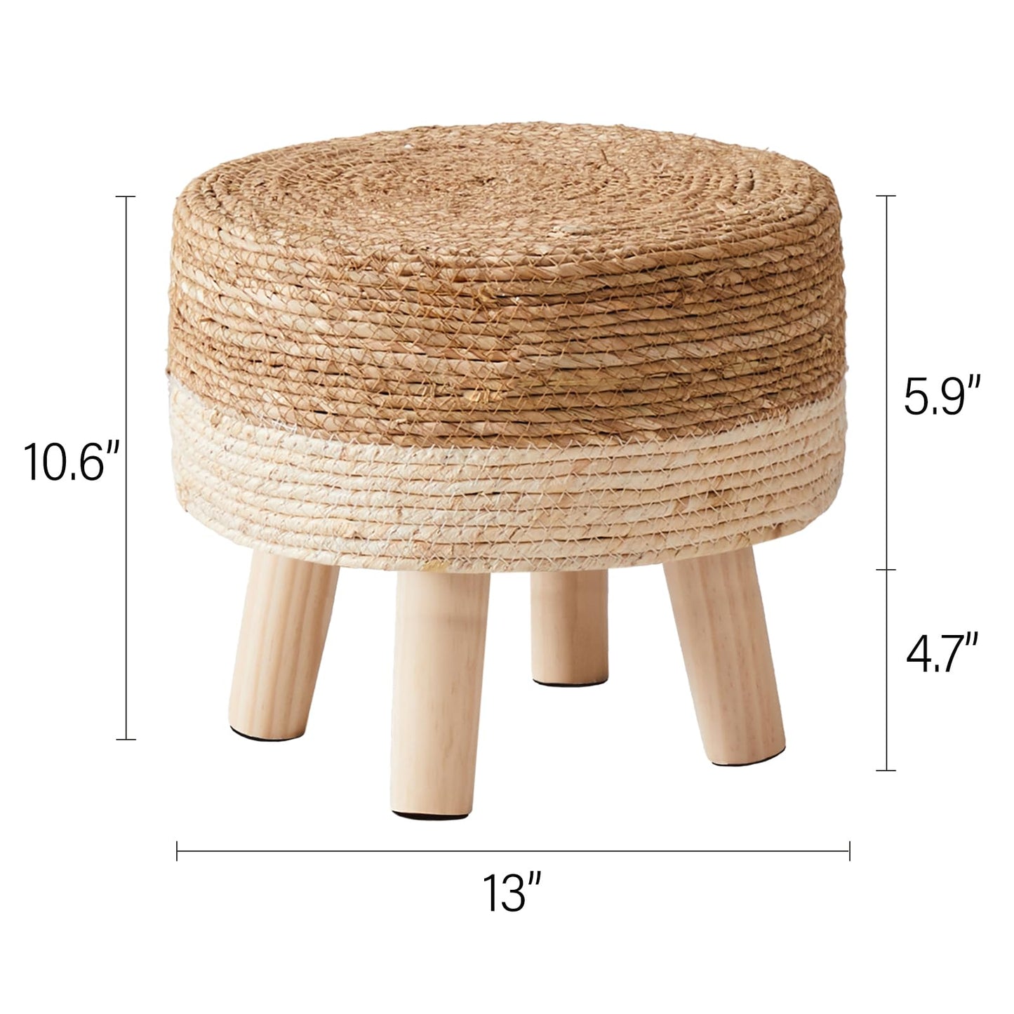 Cpintltr Foot Stool Natural Seagrass Hand Weave Poufs Round Ottoman for Couch Desk Soft Step Stool Padded Foot Rest with Non-Skid Pine Legs for Hallway Office Lounge Natural/White
