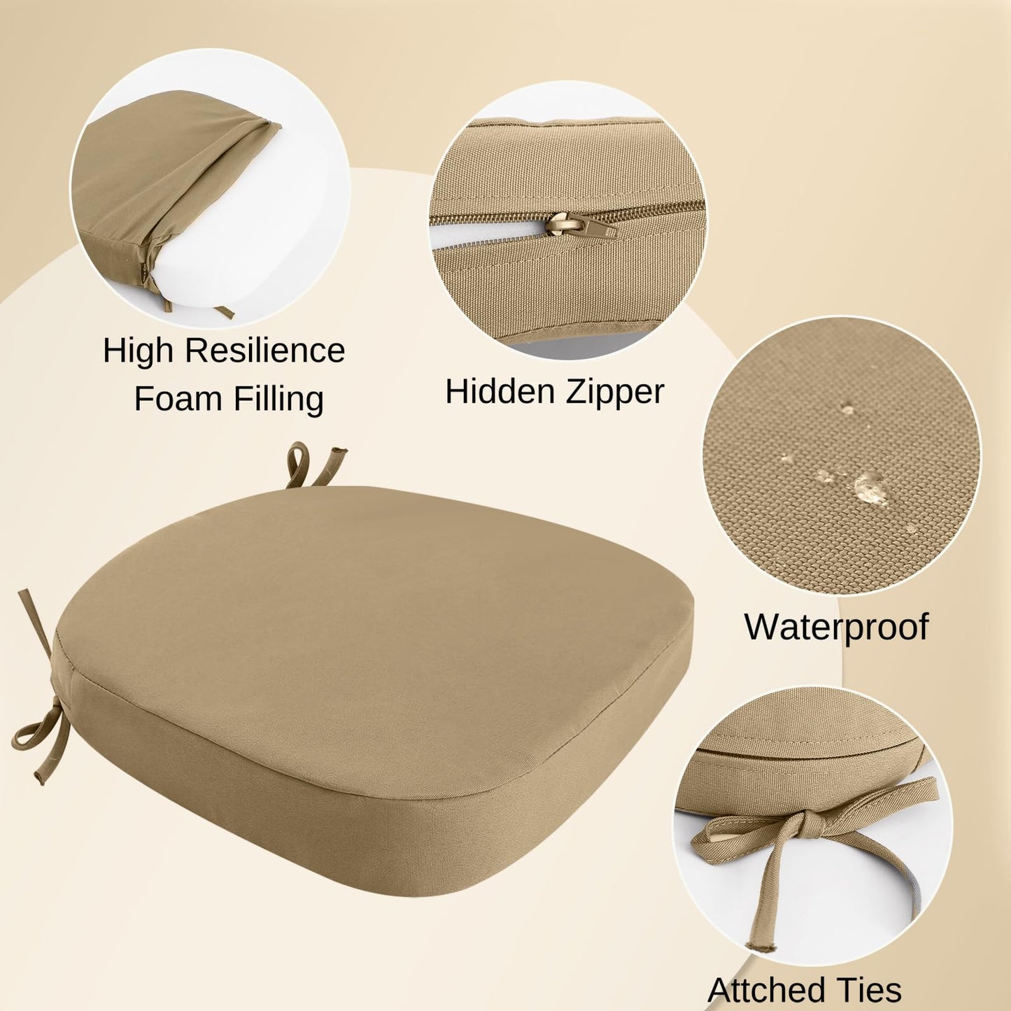 idee-home Outdoor Chair Cushions Set of 2, 17" x 17" Thick D-Shaped Patio Furniture Outdoor Seat Cushions Waterproof with Ties, Dining Pads