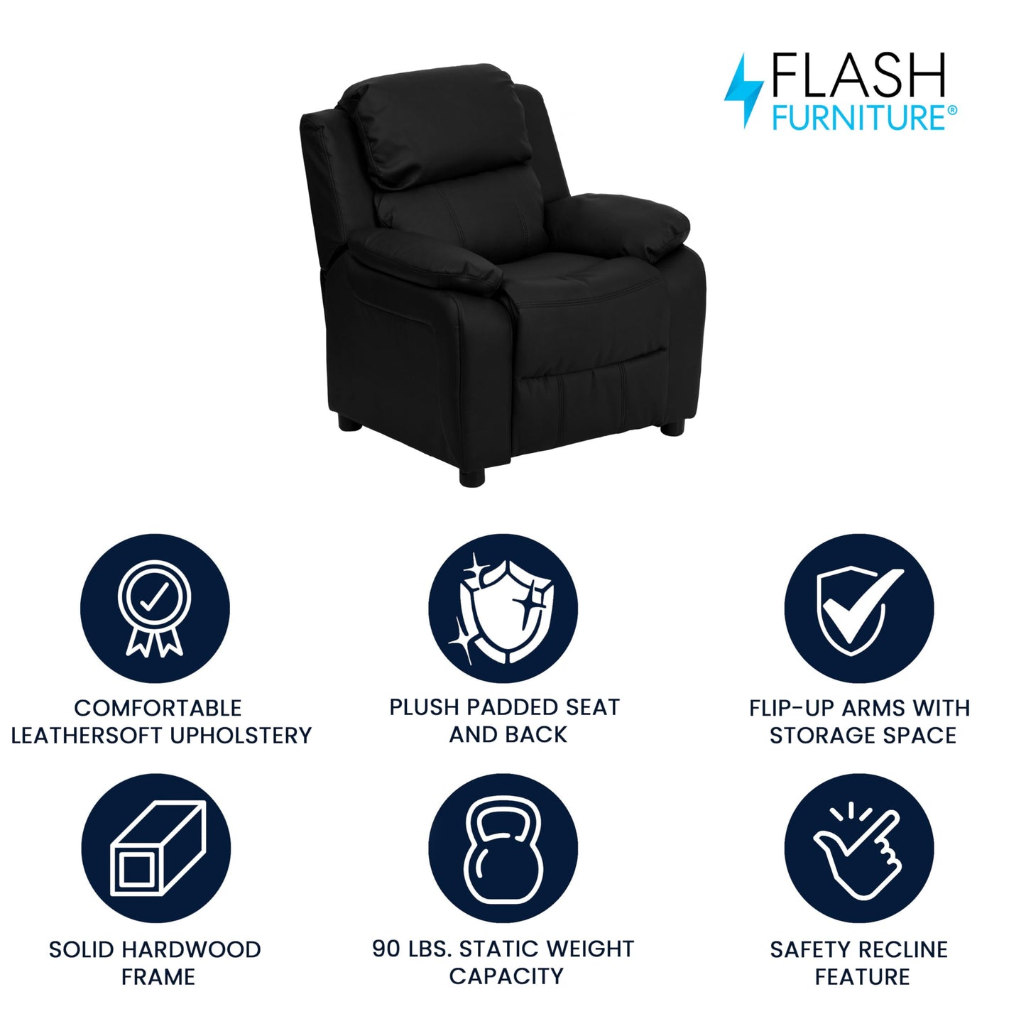Flash Furniture Charlie LeatherSoft Kids Recliner with Flip-Up Storage Arms and Safety Recline, Contemporary Reclining Chair for Kids, Supports up to 90 lbs., Black