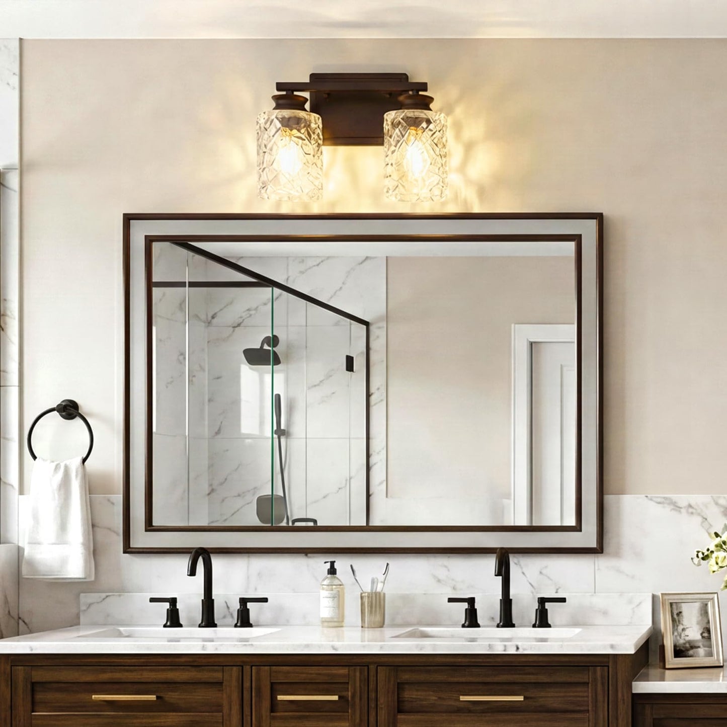 ElilyGiA 2 Light Vanity Light Oil Rubbed Bronze Bathroom Light Fixture with Geometric Crackled Glass Farmhouse Bathroom Lighting for Living Room Bedroom Dressing Table Over Mirror