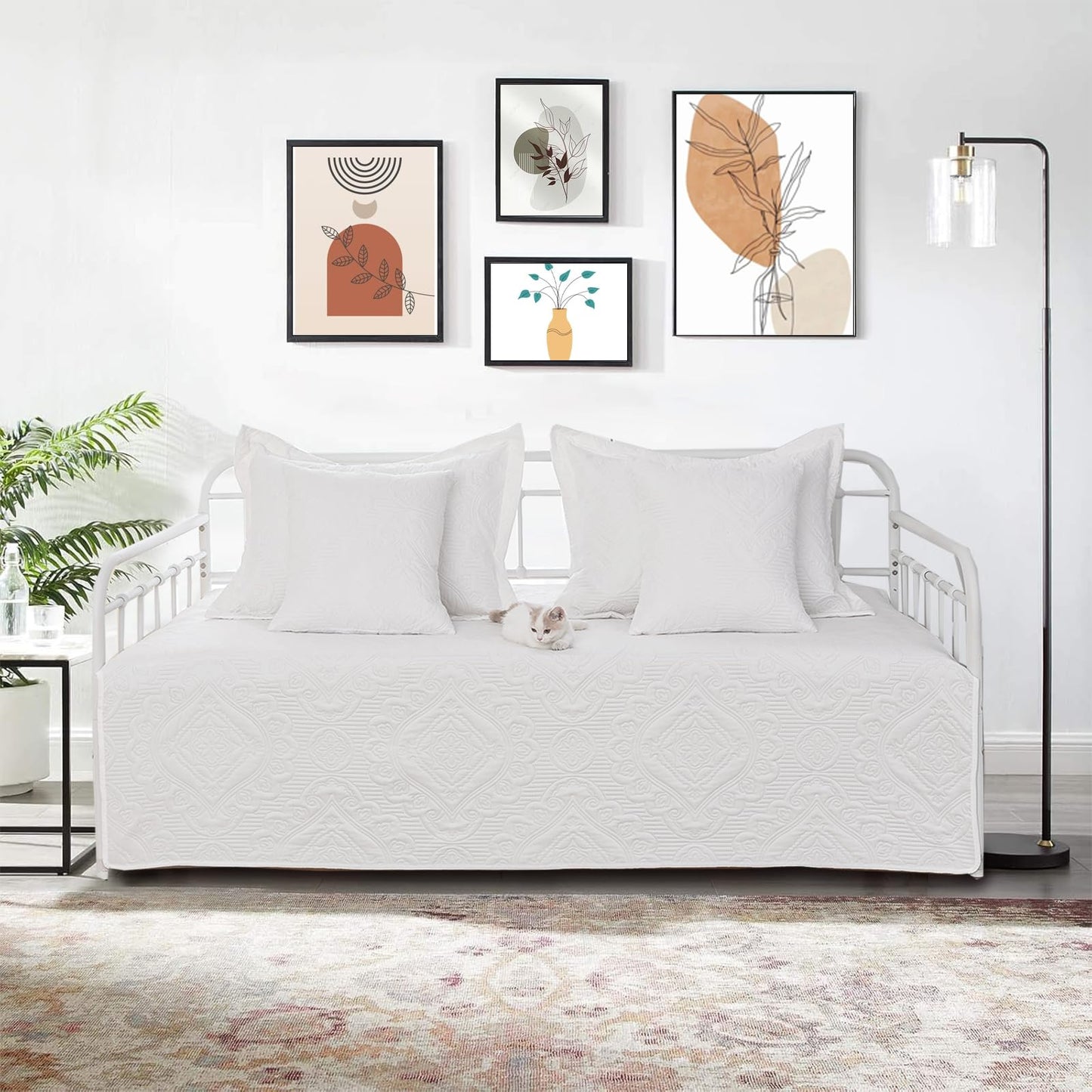 TieyaChkis 5 Piece Daybed Cover Set Twin Daybed Bedding Sets for All Season Lightweight Daybed Comforter with Matching Shams&Decorative Pillows, Double Sided-Quilting Day Bed Cover,39"x75",White