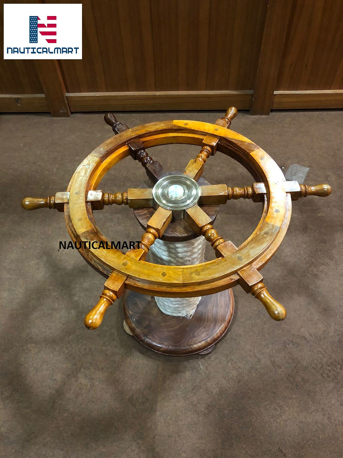 Nautical-Mart Wooden Ship Wheel Table w/Rope Base Home Office Furniture Decor (30 Inches)
