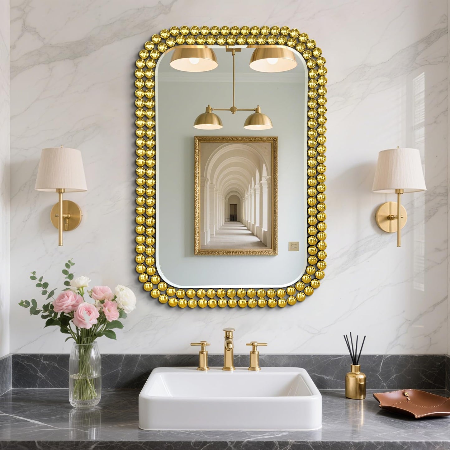 Scoffee Wall Mount Bathroom Mirror Beaded Framed Baroque Decorative Vanity Mirror Rounded Corner Rectangle Mirror for Wall,Over Sink，Bedroom