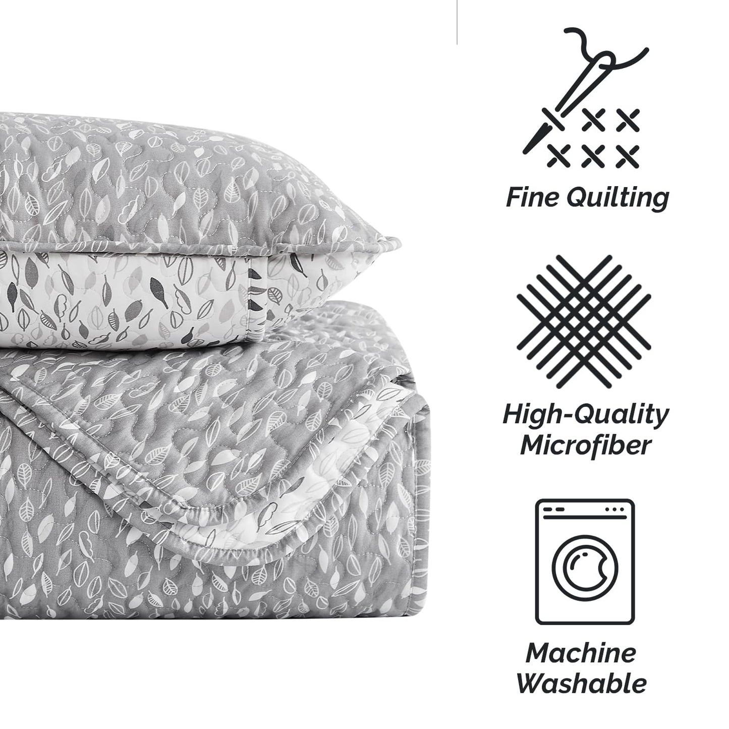 Southshore Fine Living, Inc. Twin Daybed Comforter Set, 6-Piece Bedding Set with Daybed Cover, 3 Pillow Shams, Bed Skirt, Throw Pillow - Twin Day Bed Quilt Set, Botanical Leaves Grey