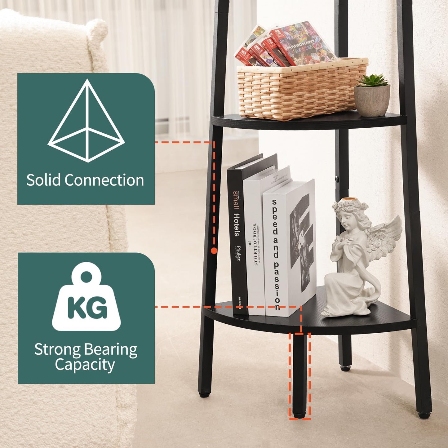 Yoobure Corner Shelf, 5-Tier Corner Bookshelf with Metal Frame & Wood Ladder Shelves - Display Shelf & Tall Bookcase, Plant Stand for Home Decor - Bedroom, Living Room, Office