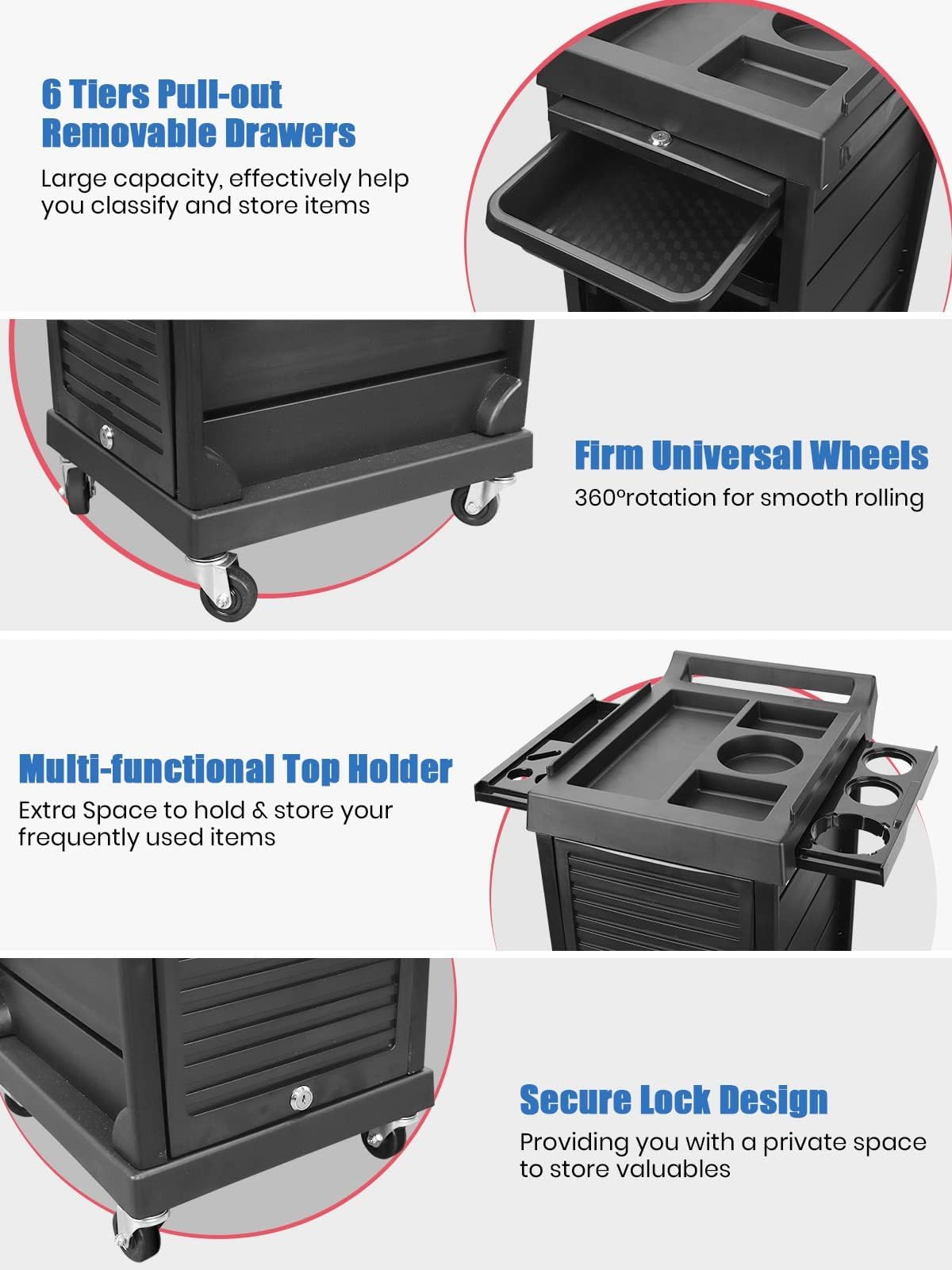 Lorvain Salon Beauty Rolling Trolley Cart, 3FT Hair Storage Cabinet Barber Organizer Tool Multi Drawers Rolling Cart Free Standing Furniture with 4 Universal Wheels Hair Supplies (Black)