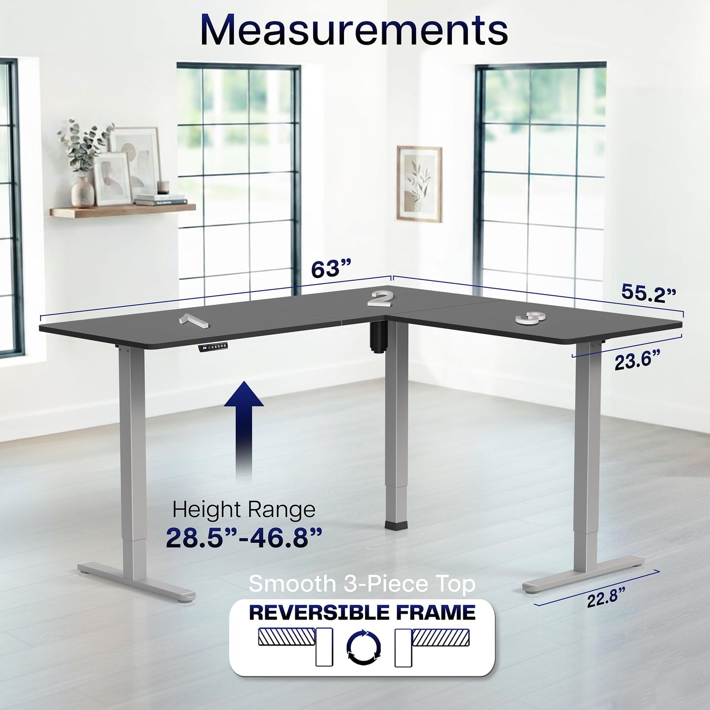 VIVO Corner Standing Desk, 63 x 55 inch Reversible L-Shaped Workstation, Electric Height Adjustment, Home, Office, and Reception Rooms, Black Table Top Gray Frame, DESK-E3CTGB