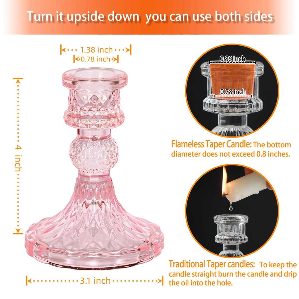 ECHFSM Glass Candlestick Holder,Striped Taper Candle Holders,Set of 6 Candle Stand for Table Centerpieces, Home Decor,Weddings,Festival and Parties (Pink Dimond)