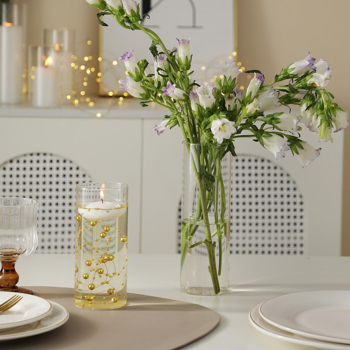 PNJHDZ Set of 12 Glass Cylinder Vases for Centerpieces with 8 Pack Vase filler 12 Pearl String 24 White Floating Candles for Centerpieces, Table Center pieces for Wedding Party Home Decor 5, 6, 8 Inch