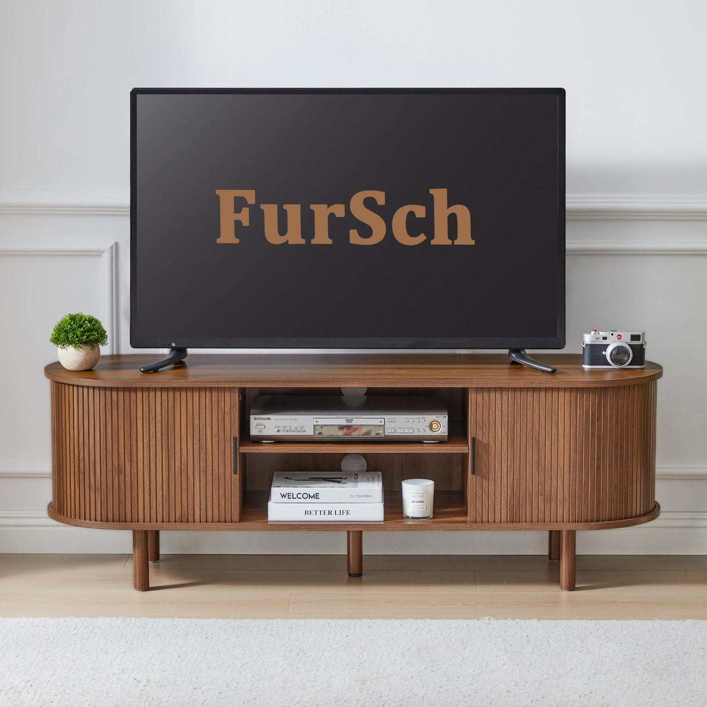 FurSch 53" Tambour Door TV Stand,Wood Mid Century Modern TV Cabinet for Up to 65“ TV,Curved Edge Long TV Stand with Storage for Bedroom Living Room(Walnut, 53inch)