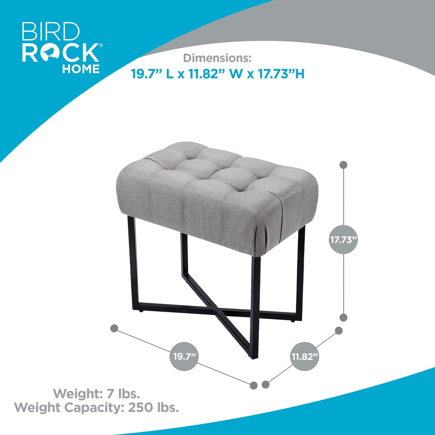 BIRDROCK HOME Rectangle Tufted Linen Ottoman Foot Rest - 19.7x11.82x17.73” Small Foot Stool with Legs - Padded Footrest Modern Ottomans for Living Room Furniture, Bedroom Footstool (Grey)