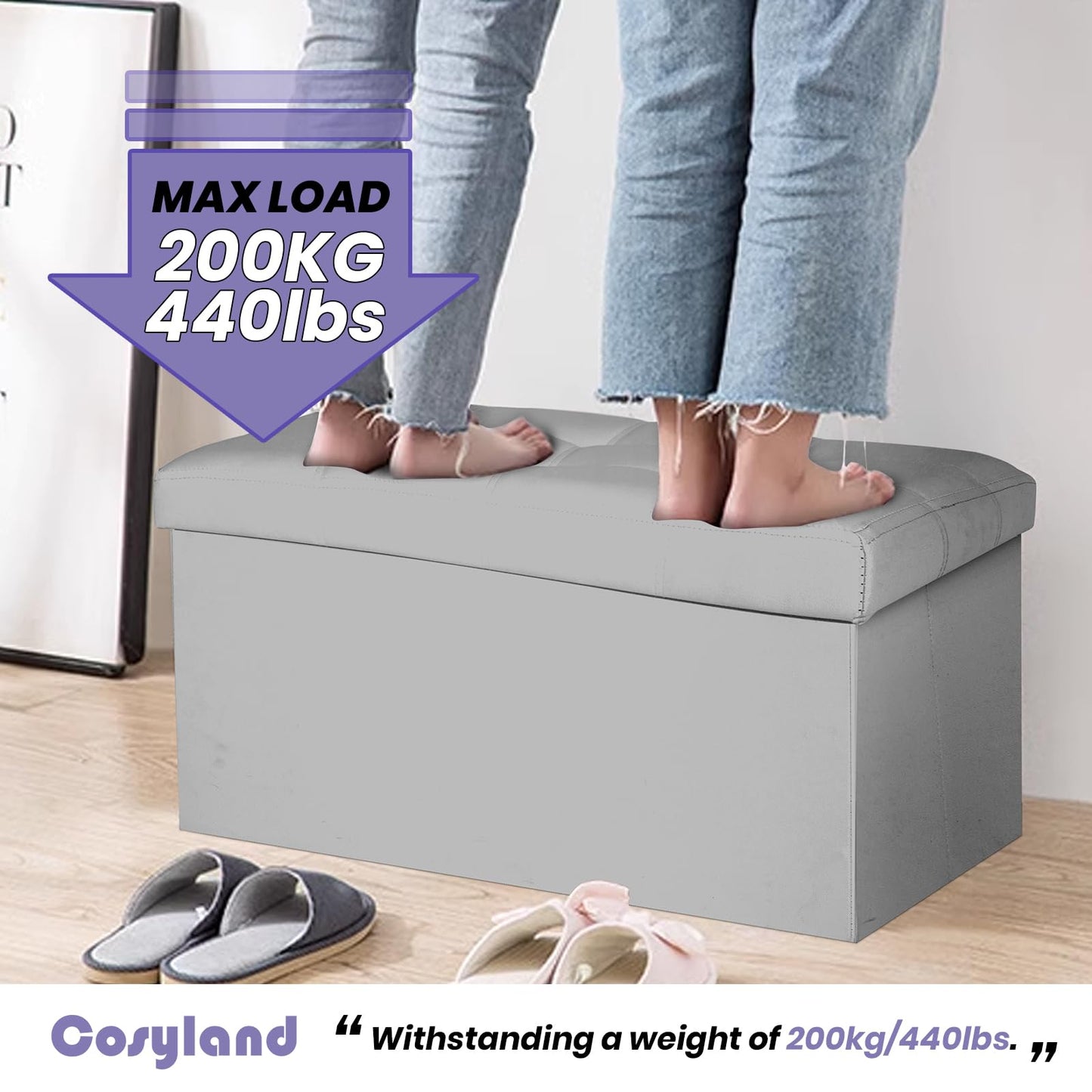 COSYLAND Ottoman Bench with Storage 30x15x15 inches Grey Ottoman for Room Folding Leather Ottoman Footrest Footstool Rectangle Collapsible Furniture with Lid for Bedroom Living Room