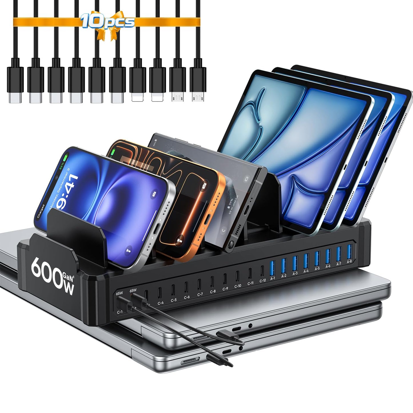 Moezuti 20-Port 600W Charging Station for Multiple Devices, Dual 65W GaN5 Multi-device Charging Dock with 10 Cables, Fast Charger Station for Laptop, Phone, Tablet (Black)