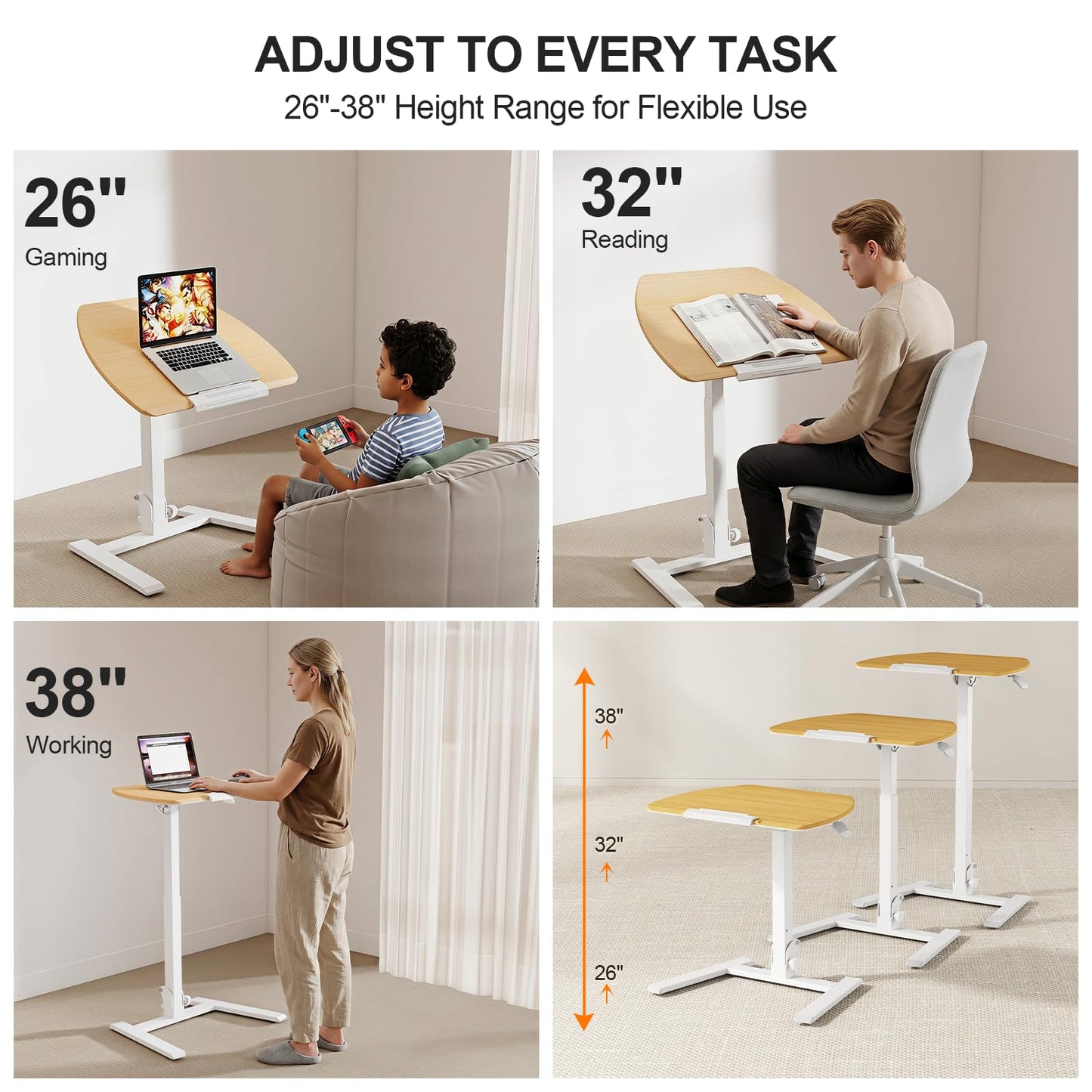 ROMOON Foldable Small Standing Desk with No-Assembly Design, Rolling Height-Adjustable Sit-Stand Table with Wheels, Space-Saving Portable Laptop Cart for Home Office and Small Space (Natural Oak)