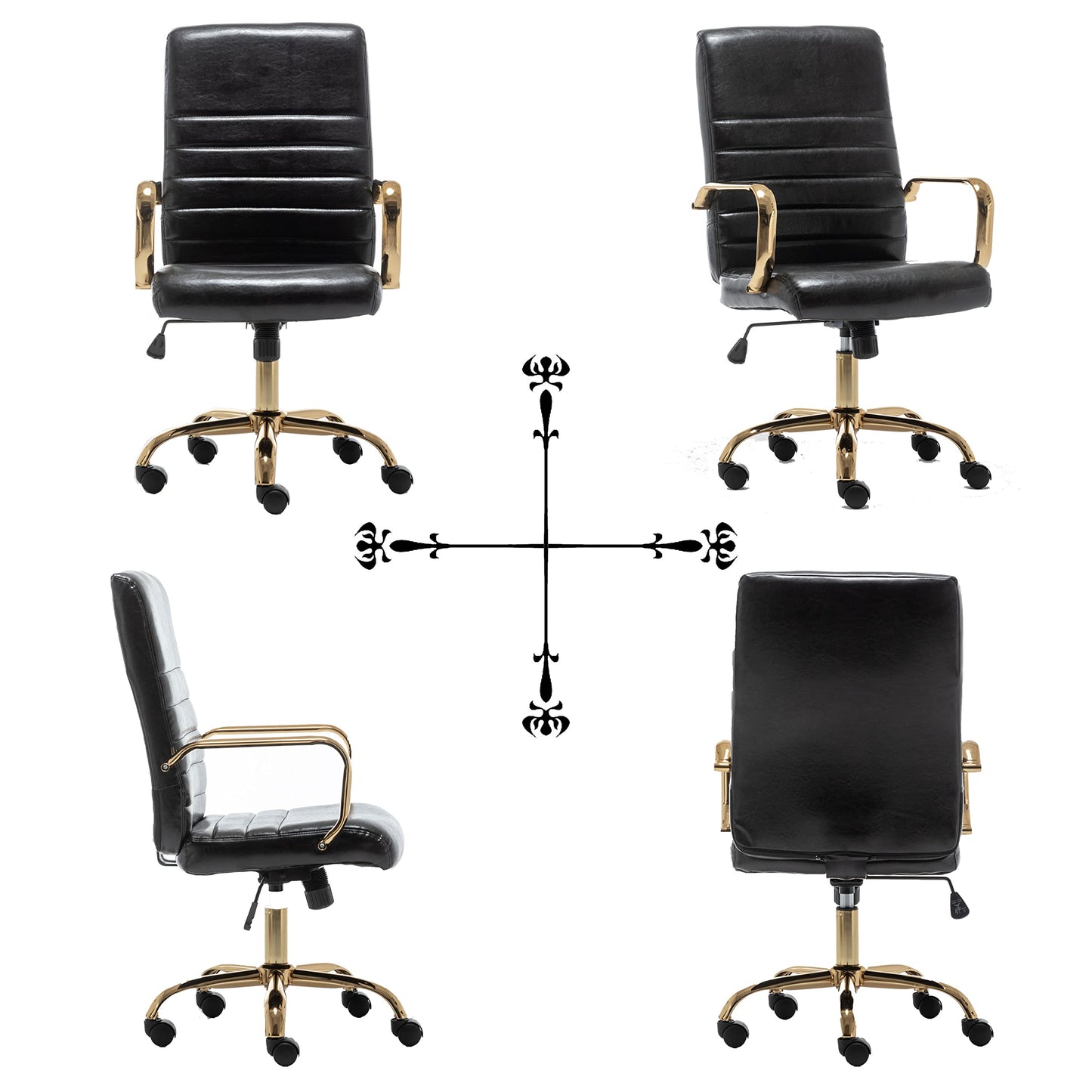 BTEXPERT Black Faux Leather Adjustable Home Office Golden Arms Exectuive High Back Manager Desk Chair, (5162BK)