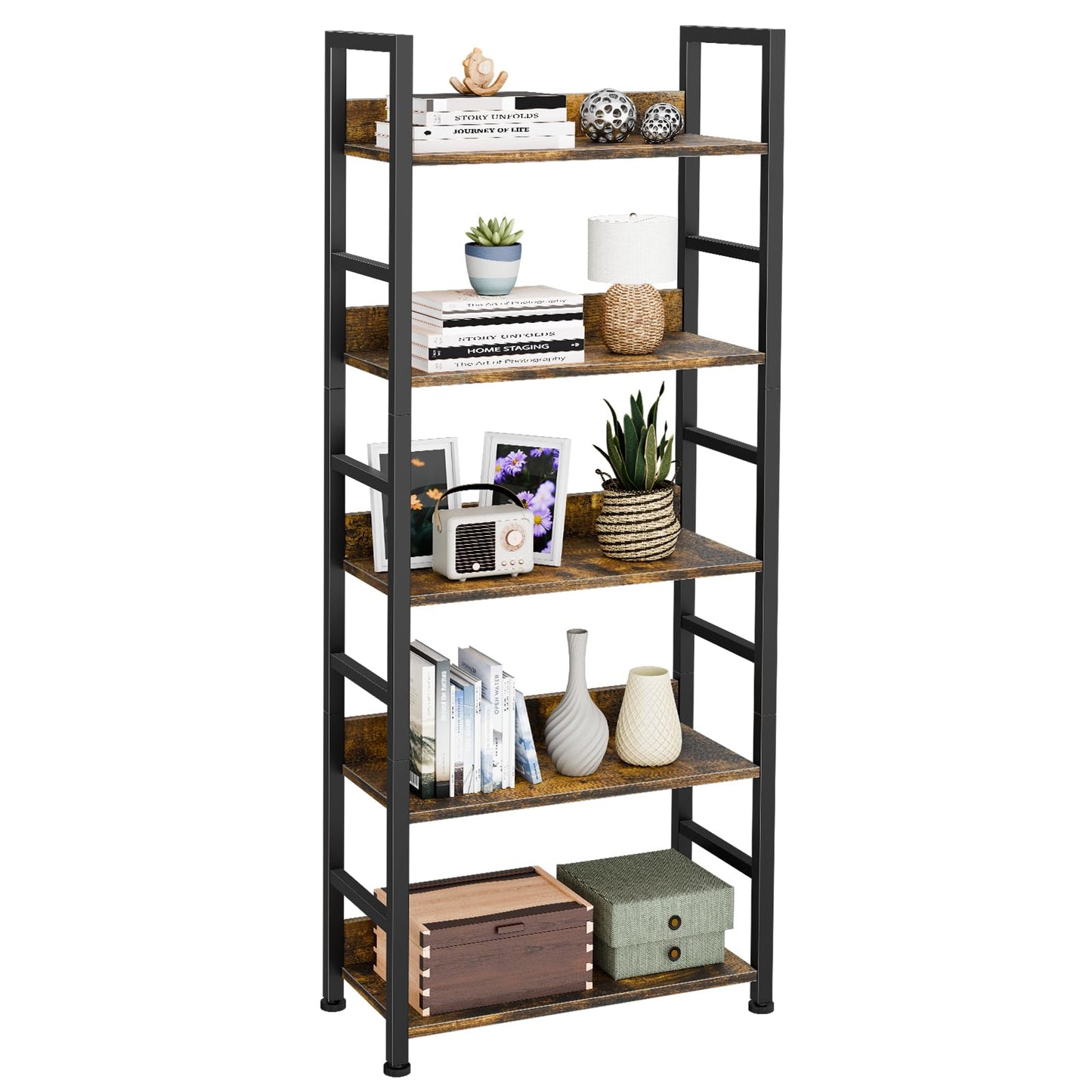 Ekisemio Bookshelf, 5 Tier Industrial Bookcase, Vertical Tall Bookshelf, Wood and Black Metal Open Shelves, Farmhouse Storage Rack for Living Room, Home Office, Bedroom, Rustic Brown