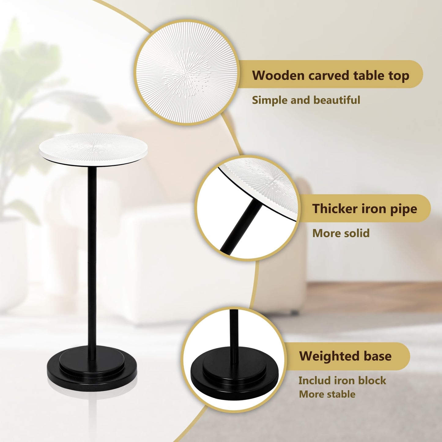 COVLON Drink Table, Carved Table Top Martini Table, Small Side Table, Weighted Base Pedestal Table for Living Room, Bedroom, Modern, White and Black