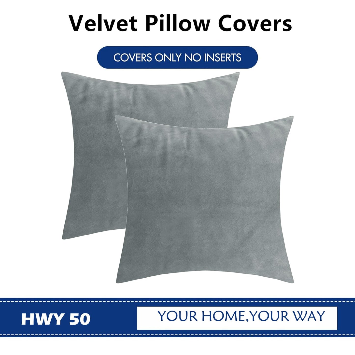 HWY 50 Gray Grey Velvet Throw Pillow Covers 18x18 Inch, Pack of 2 Soft Cozy Solid Decorative Luxury Cushion Cases for Couch Sofa Bed Living Room Bedroom