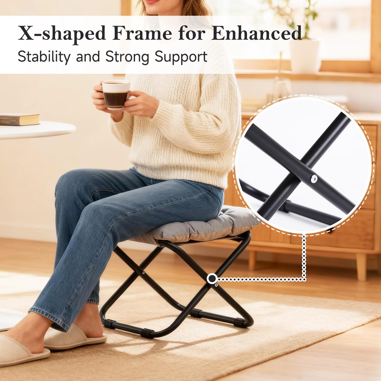 Welnow Folding Foot Stool, Upholstered Small Accent Ottoman with Detachable Thick Cotton Cushion, Padded Sofa Stool with Straight Metal Legs for Lazy Chair, Living Room, Bedroom, Light Grey