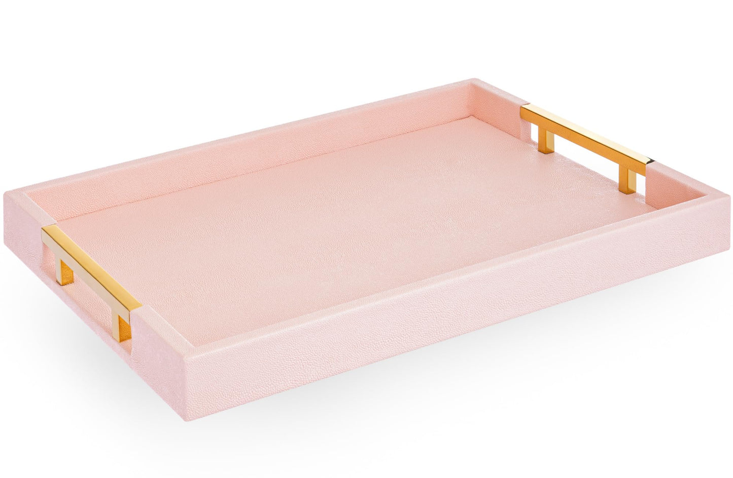 Home Redefined Modern Elegant 17.5"x12" Rectangle Baby Pink Tray Glossy Shagreen Faux Leather Decorative Ottoman Coffee Table Perfume Dresser Kitchen Serving Tray with Gold Polished Metal Handles.