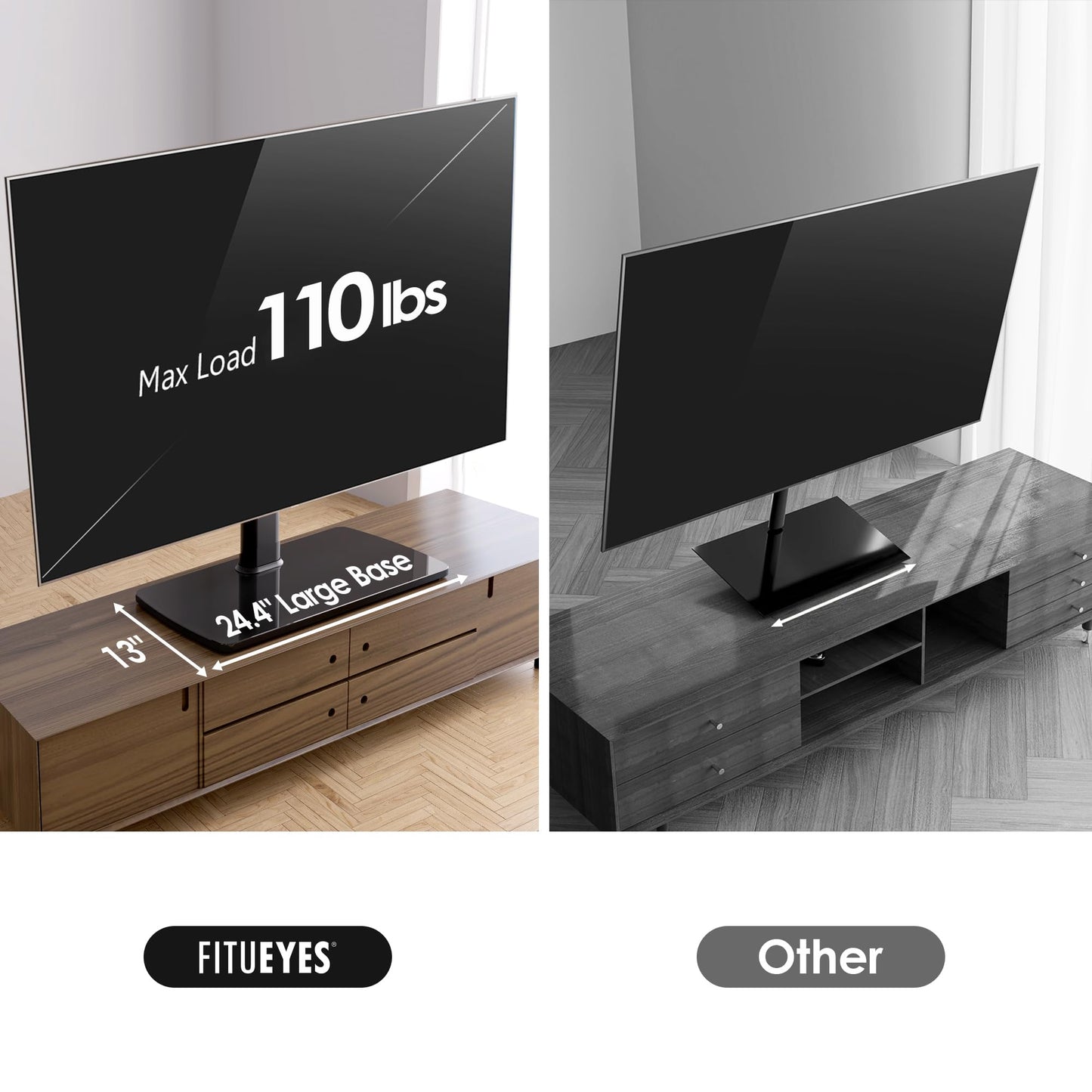 FITUEYES Universal TV Stand Mount for 43-80 85 inch TVs, Swivel Tall TV Mount Stand, Table Top TV Stand Base Replacement, Height Adjustable TV Table Stand, Glass Base, Max Holds 110lbs