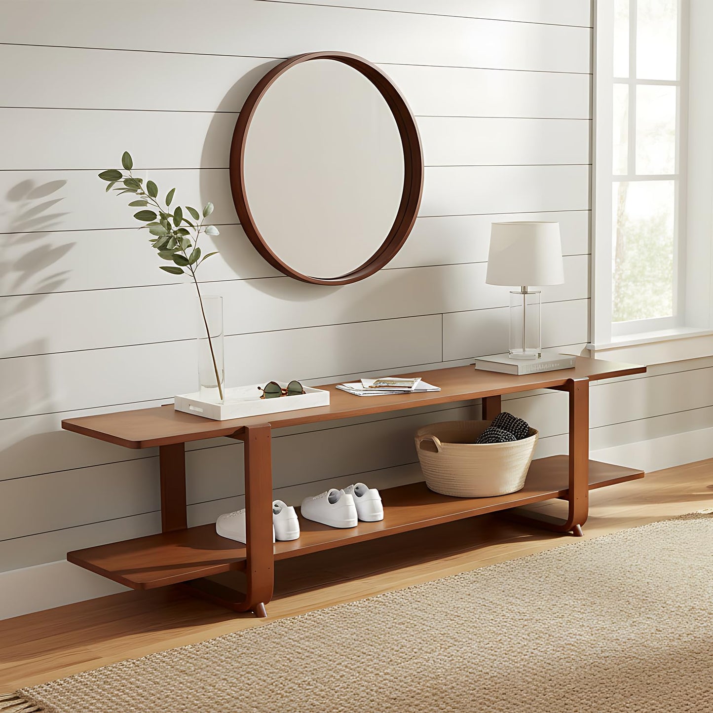 Welnow Low Bamboo TV Stand for Up to 65 Inch, Small Mid Century Modern Entertainment Center with 2-Tier Open Shelves, Walnut Media Console Table for Living Room, Bedroom