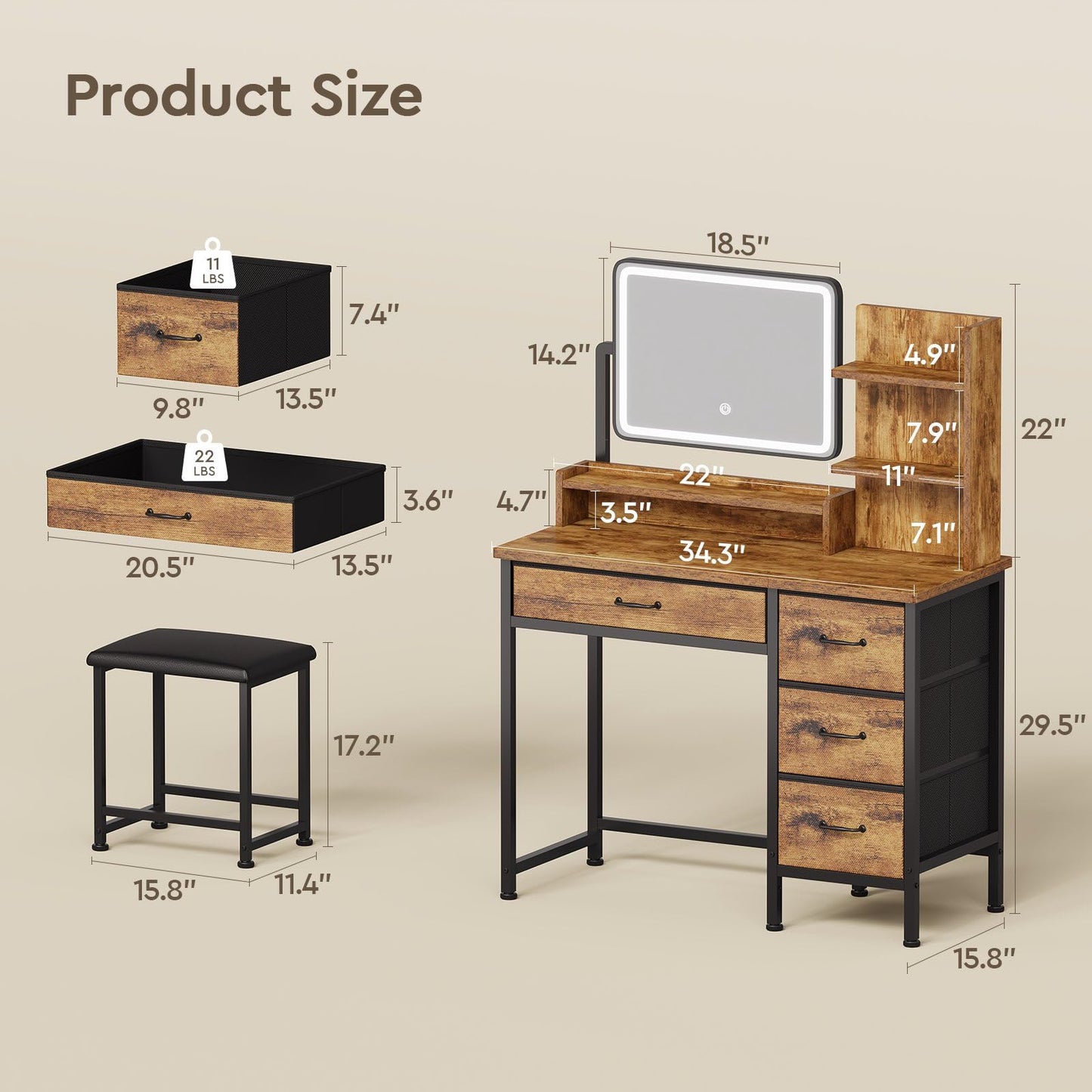 YeTom Vanity Desk with Mirror and Lights, Makeup Vanity Desk with 4 Fabric Drawers & Storage Shelvs & Chair, 3 Color Modes & Adjustable Brightness, Rustic Brown Vanity, Vanity Set, Bedroom Furniture