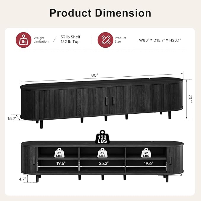 80" Mid Century Modern TV Stand, Wood TV Consoles