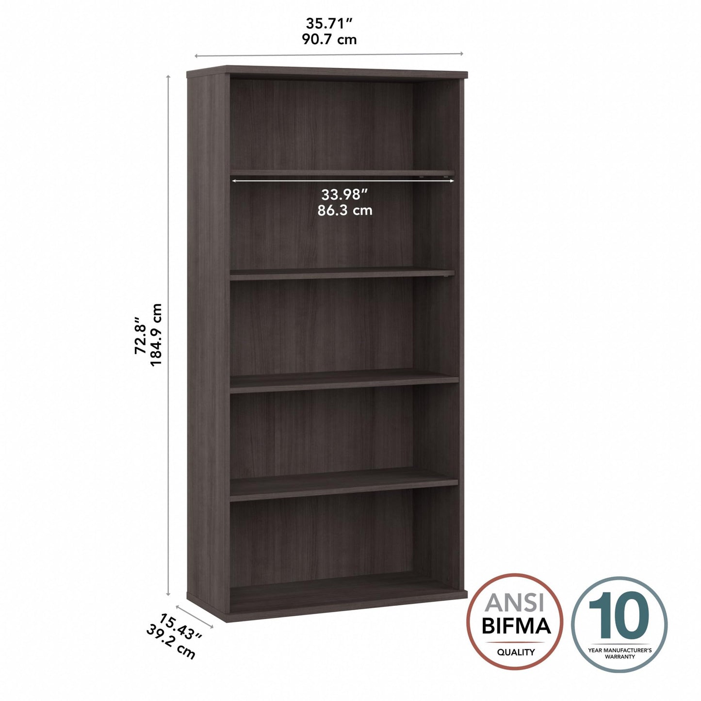 Bush Business Furniture Studio C Tall 5 Shelf Bookcase in Storm Gray, Large Bookshelf for Home or Professional Office