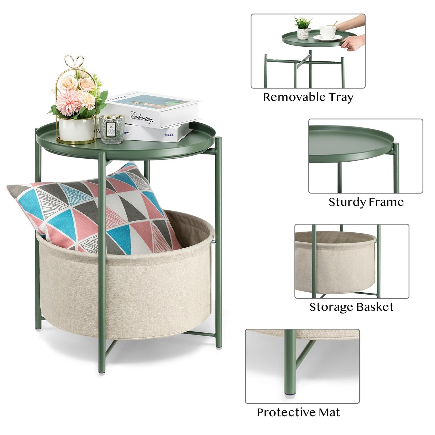 danpinera Round Side Table with Fabric Storage Basket, Metal Side Table Small Bedside Nightstand with Removable Tray for Living Room, Bedroom, Nursery, Dark Green