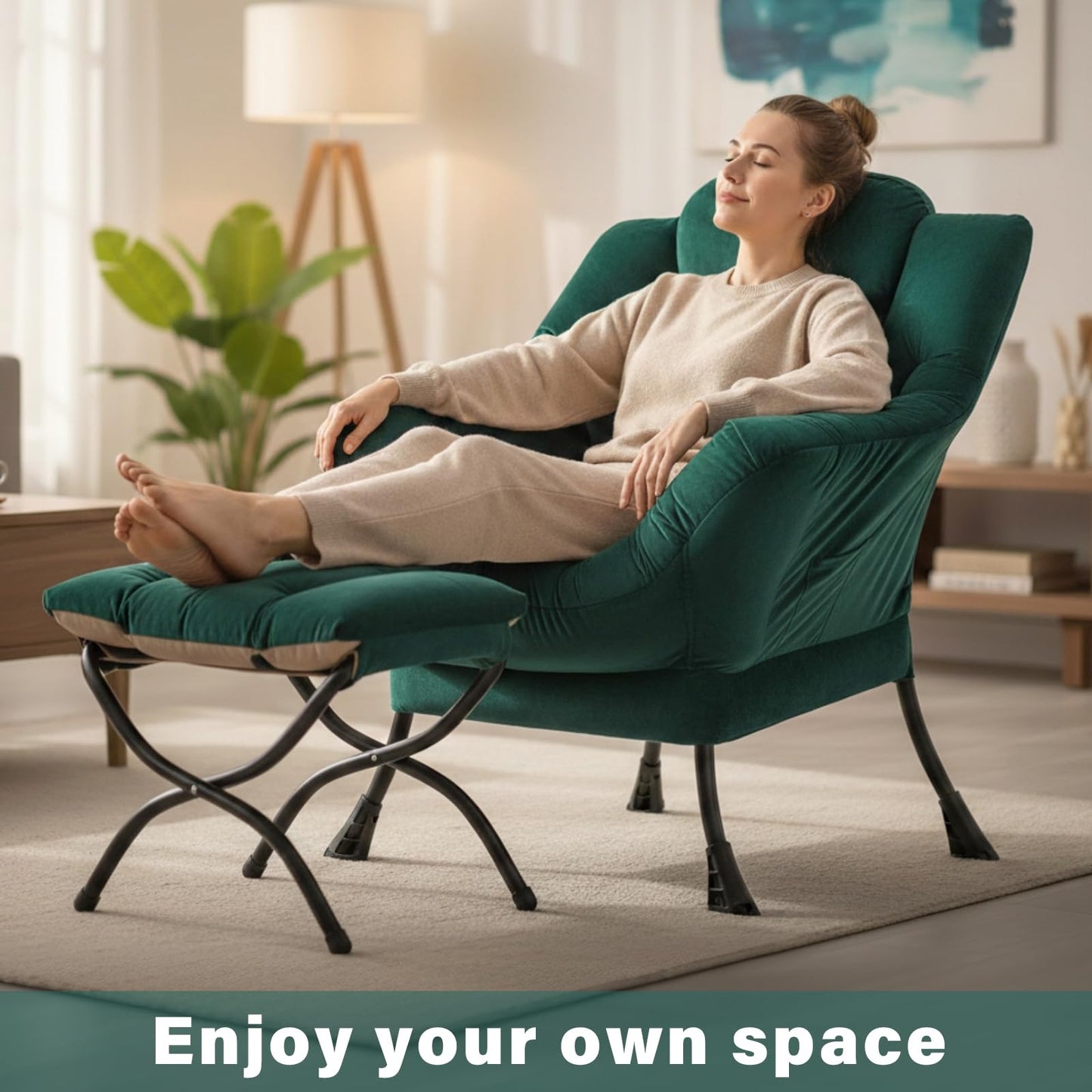Givjoy Lazy Chair and Ottoman, Large Green Velvet Accent Chair with Side Pocket, Modern Leisure Upholstered Sofa Reading Armchair with Footrest for Office, Bedroom, Living Room, Dorm Rooms, Balcony