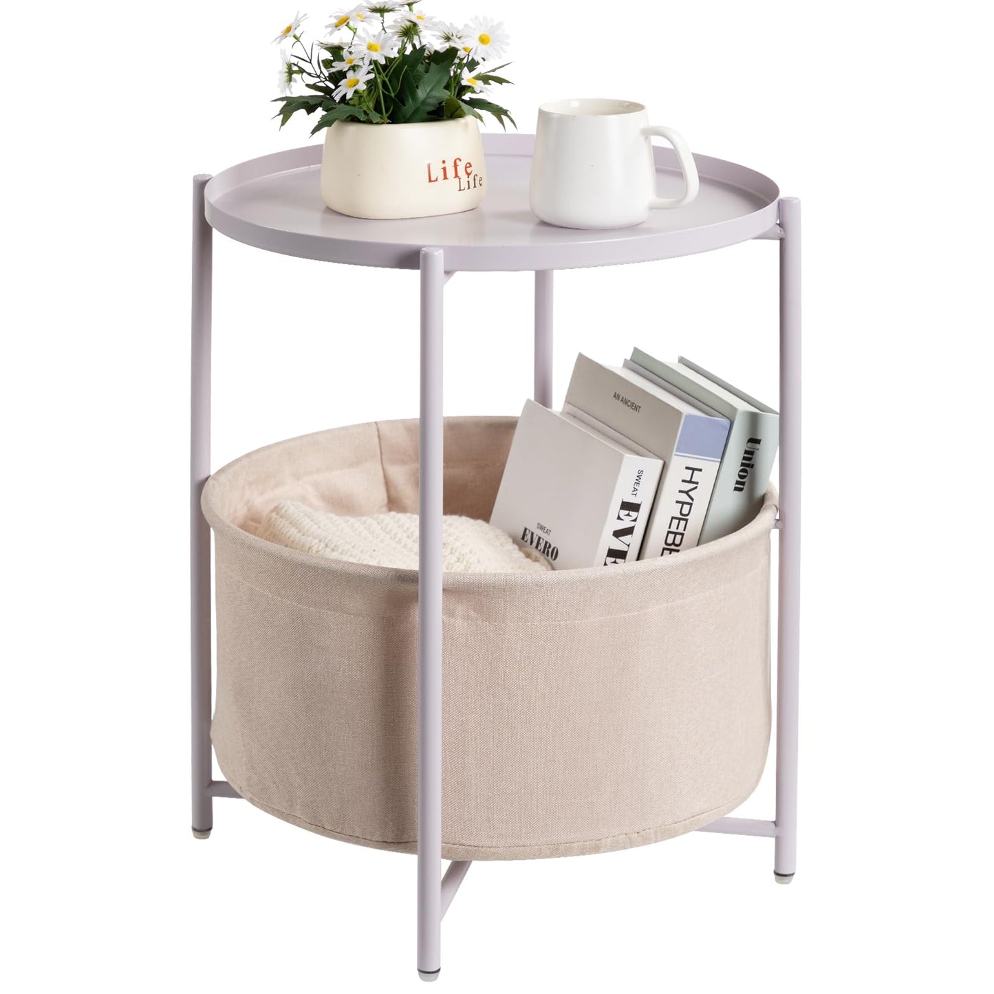 danpinera Round Side Table with Fabric Storage Basket, Metal Side Table Small Bedside Nightstand with Removable Tray Top for Living Room, Bedroom, Nursery, Laundry, Light Violet