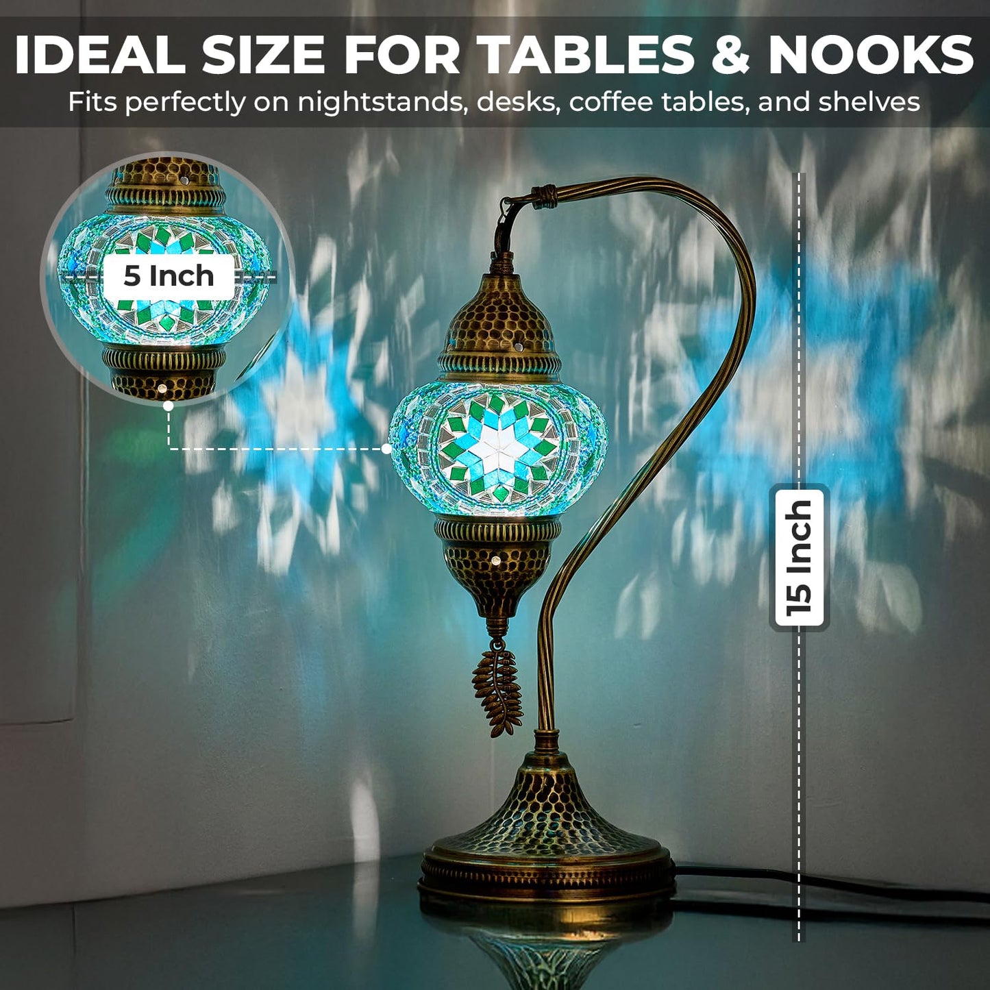 DEMMEX Turkish Moroccan Table Lamp, Swan Neck Tiffany Style Mosaic Glass Table Desk Bedside Lamp for Bedroom, Living Room – Handcrafted in Turkey, Multicolor