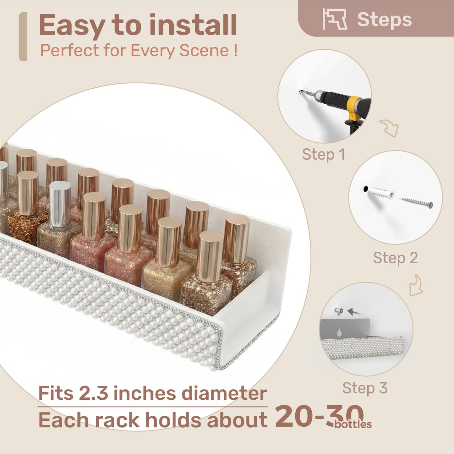 4 Pack 15 Inch Nail Polish Wall Rack，Pearls Crystal Rhinestone Acrylic Nail Polish Organizer，Sunglasses Essential Oil Picture Display Storage Wall Shelf