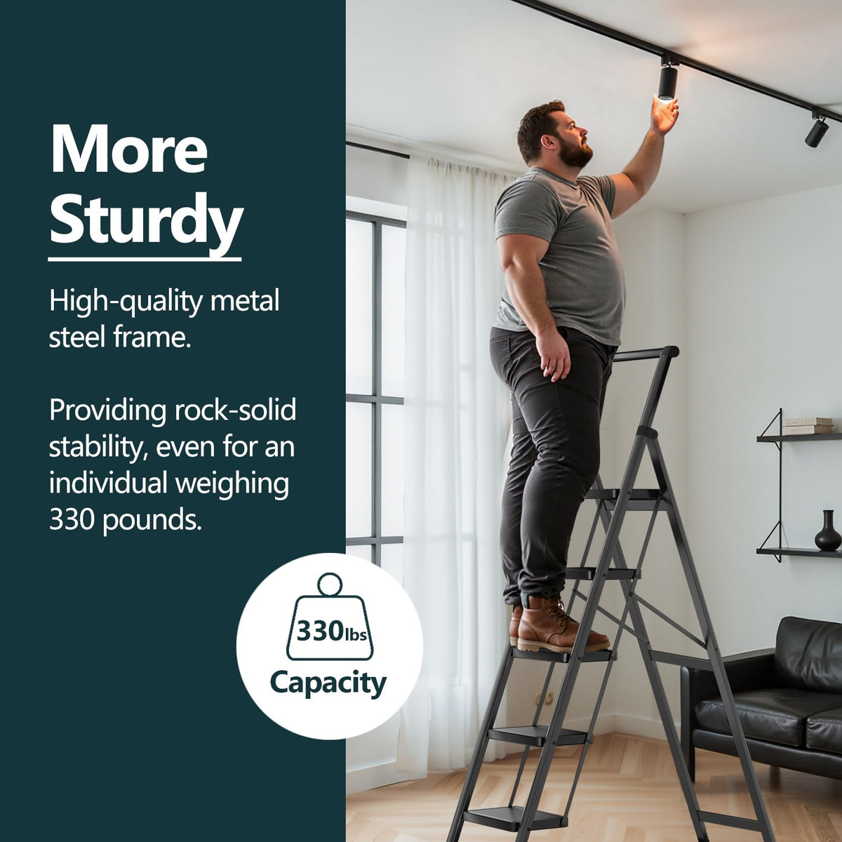 WOA WOA Step Ladder for Home, Foldable Step Stool for Kitchen with Non-Slip Pedals, Sturdy Ladders Supports up to 330 lbs, Compact and Portable - 5 Step with Handle/Black