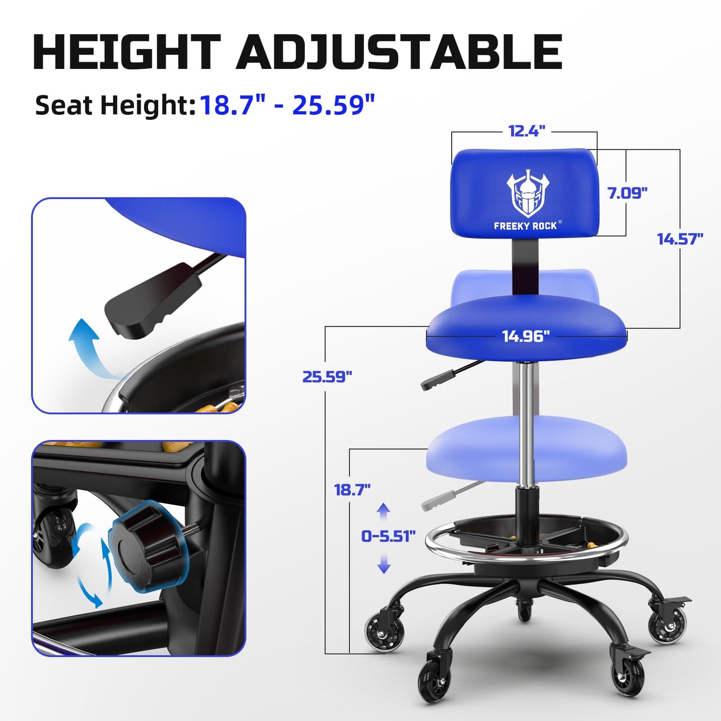 Rolling Shop Stool with Wheels, Garage Mechanic Stool Chair with Backrest, Height Adjustable Heavy Duty Swivel Task Chair, Adjustable Footrest with Storage Tray for Garage Kitchen Salon Tattoo (Blue)
