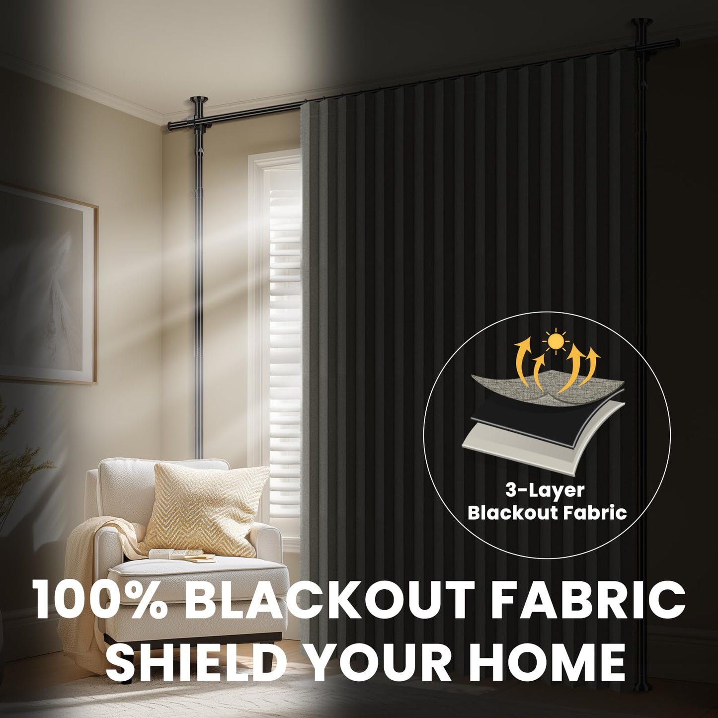 100% Blackout Room Divider Curtains Sets Grey 2 Panels W100 x L96in No Drill Curtain Rods(H) 43-120×(W) 35-200 in for Bedroom Privacy Partition Separator