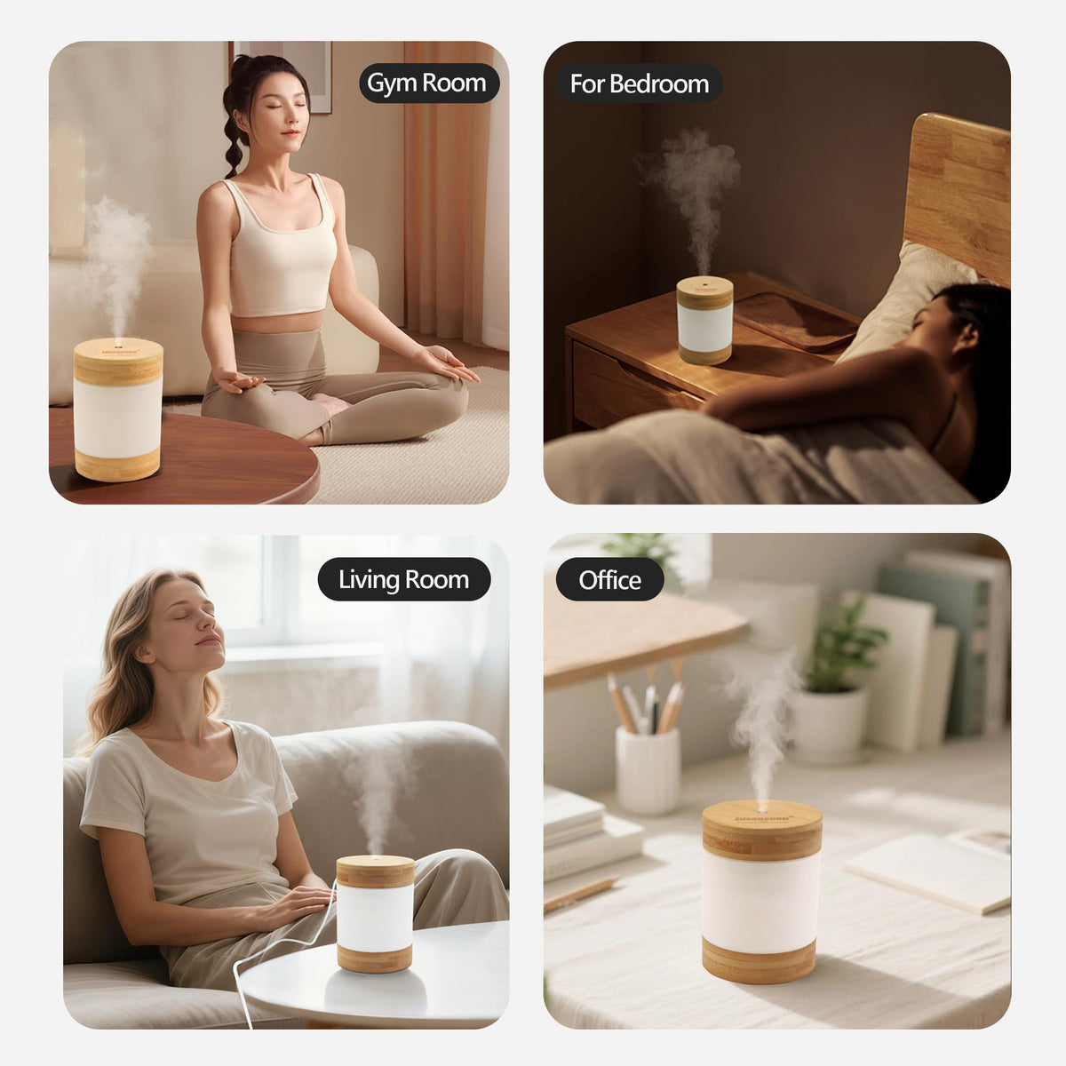 Bamboo Ultrasonic Mini Humidifier, 400ml Quiet Desktop Humidifier with Dual LED Night Light, USB-C Powered, Auto Shut-Off, Portable Small Room Air Moisturizer for Bedroom, Desk, Office & Travel