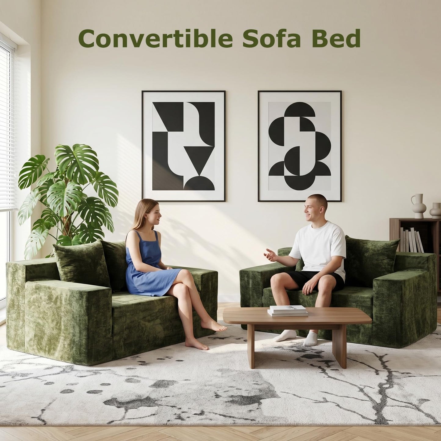 feliz home Boneless Loveseat Couches, Convertible Sofa Bed Folding Couch Bed, Boneless Chair Bed & Futon Sofa Bed, Small Pull Out Couch Foldable with 4 Pillows for Living Room, Green